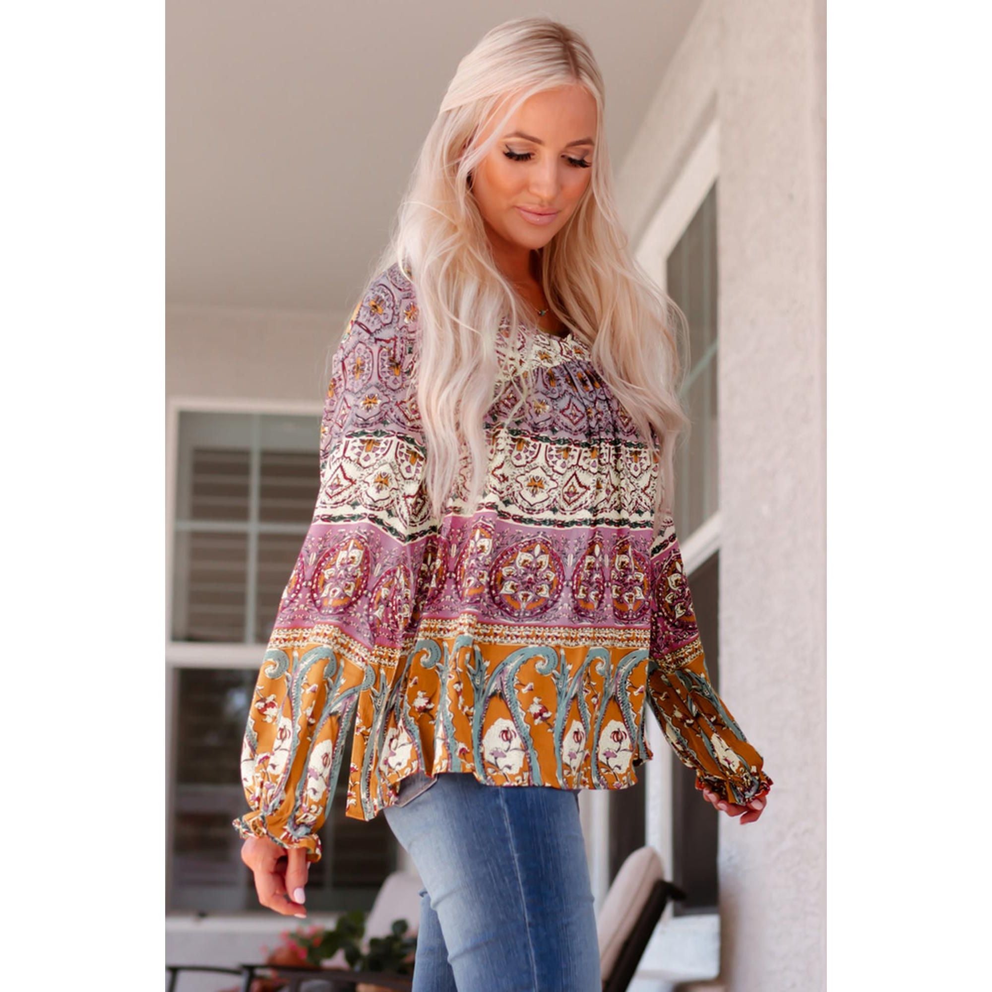 Azura Exchange Boho Print V Neck Bubble Sleeve Blouse - L