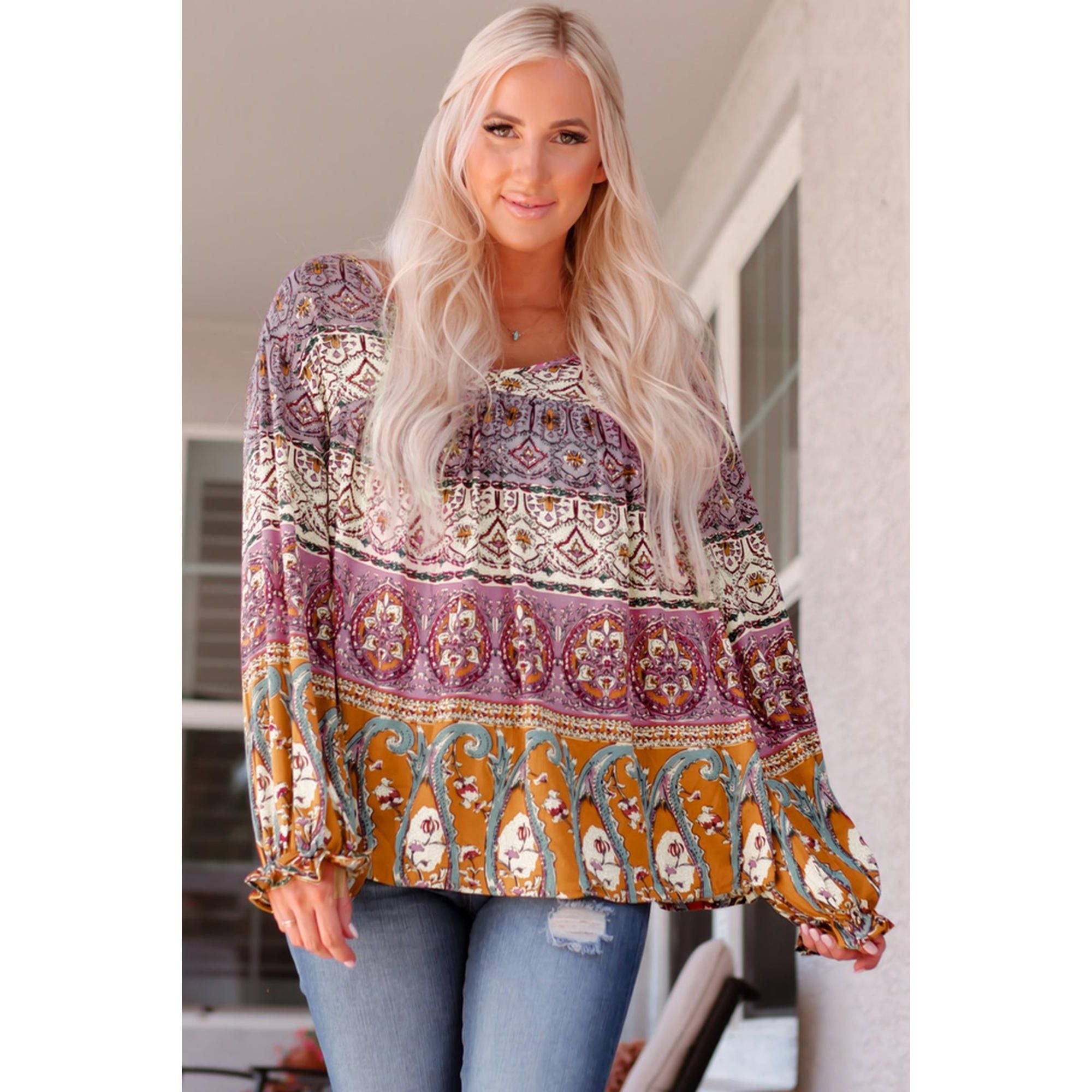 Azura Exchange Boho Print V Neck Bubble Sleeve Blouse - L