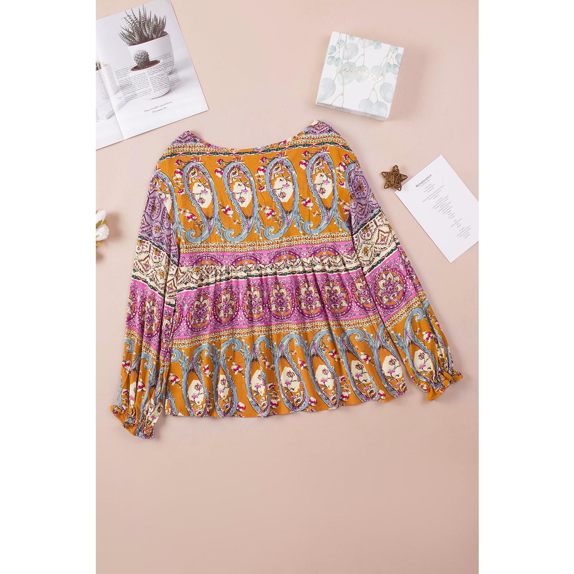 Azura Exchange Boho Print V Neck Bubble Sleeve Blouse - L