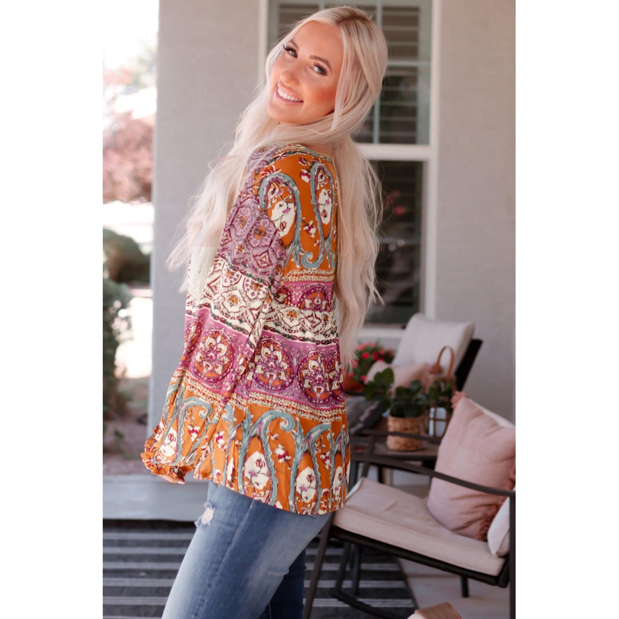 Azura Exchange Boho Print V Neck Bubble Sleeve Blouse - M