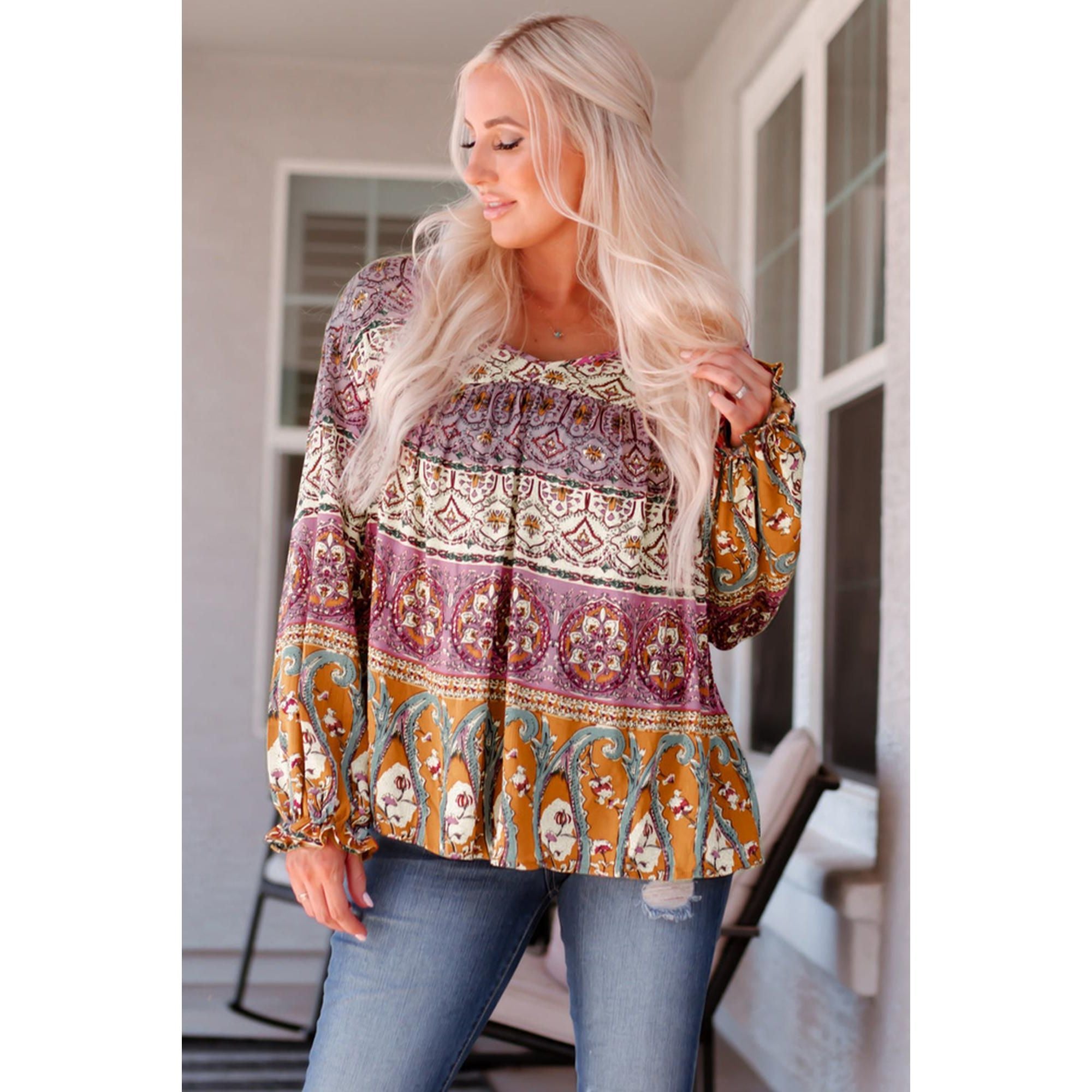 Azura Exchange Boho Print V Neck Bubble Sleeve Blouse - M