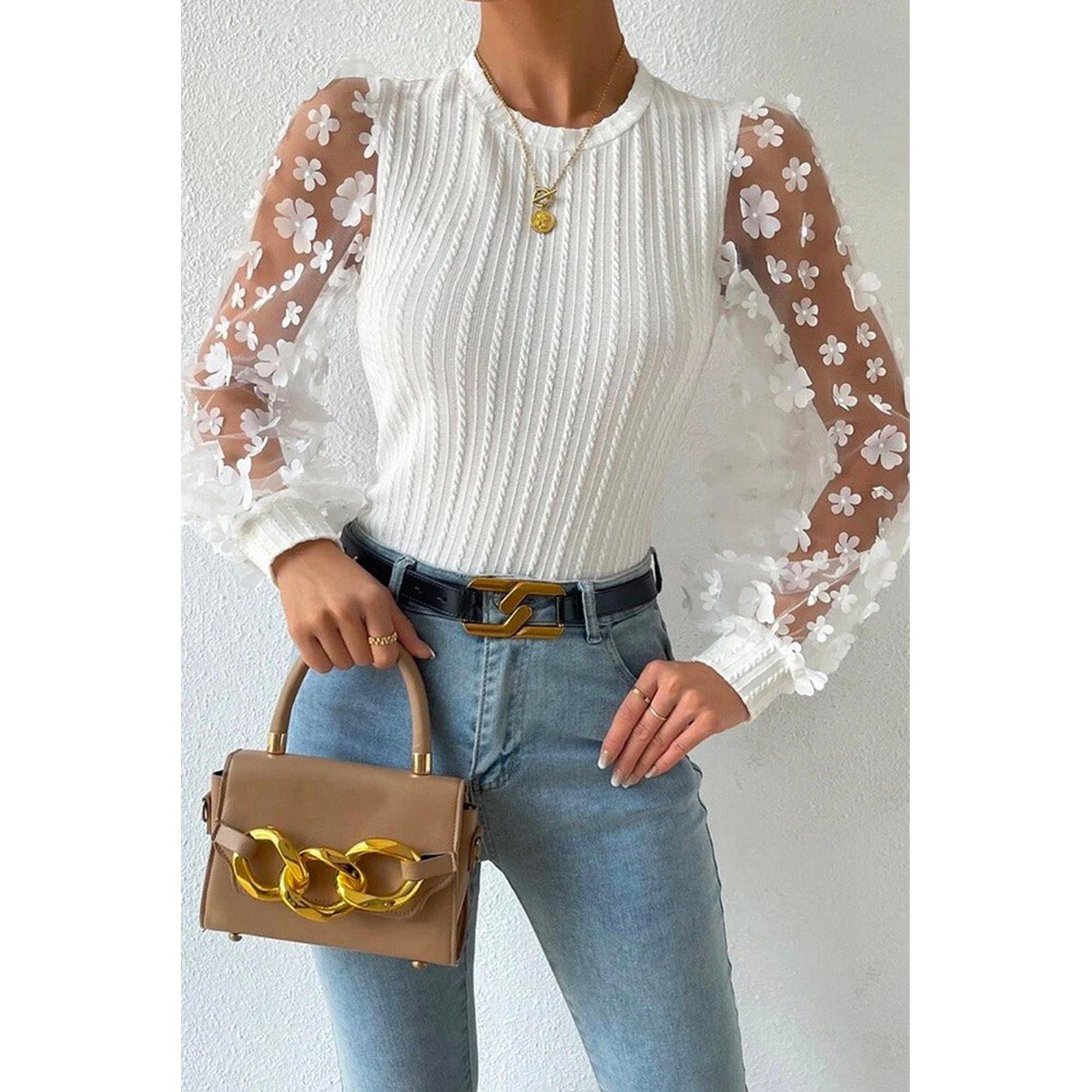 Azura Exchange Applique Mesh Sleeves Textured Knit Blouse - L