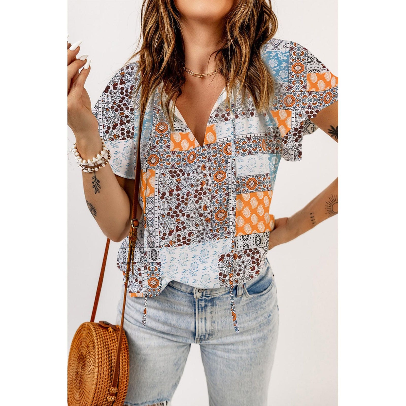 Azura Exchange Boho Mixed Patterns Flutter Sleeves Top - M