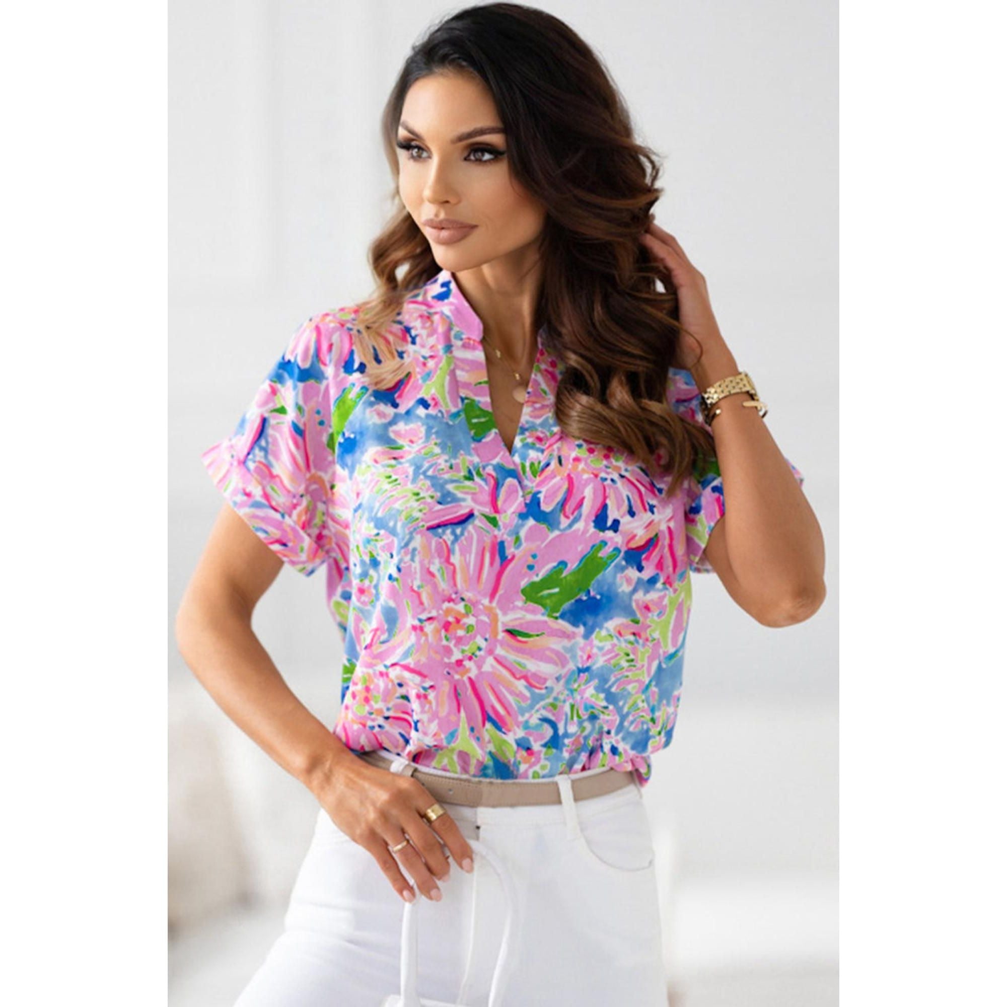 Azura Exchange Abstract Floral Print Notch V Neck Blouse - XL