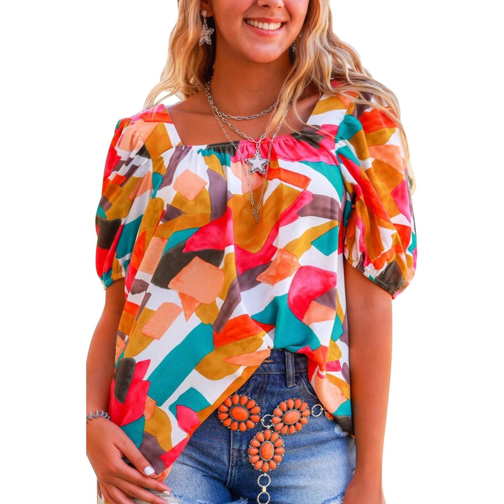 Azura Exchange Abstract Print Square Neck Short Sleeve Blouse - M