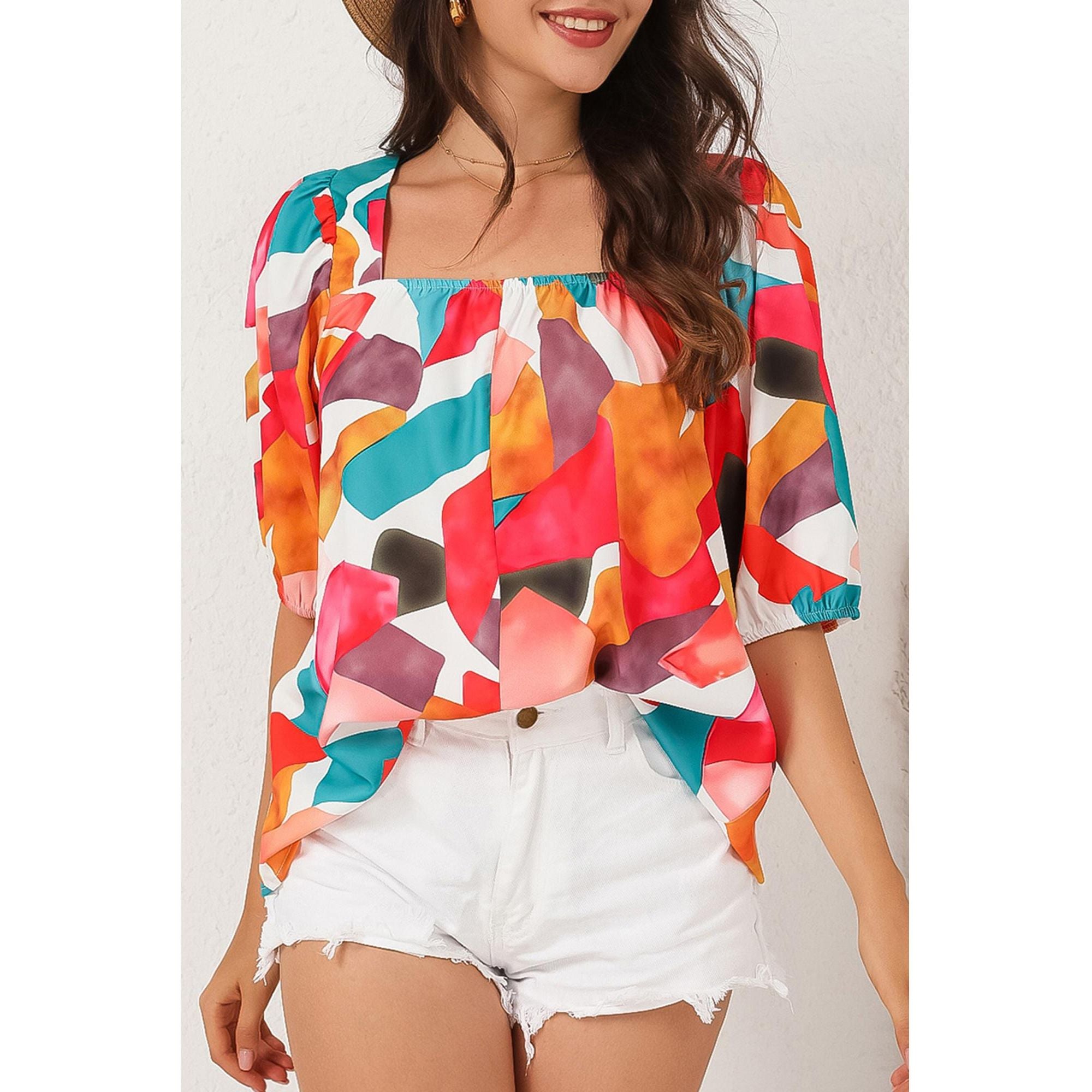 Azura Exchange Abstract Print Square Neck Short Sleeve Blouse - M