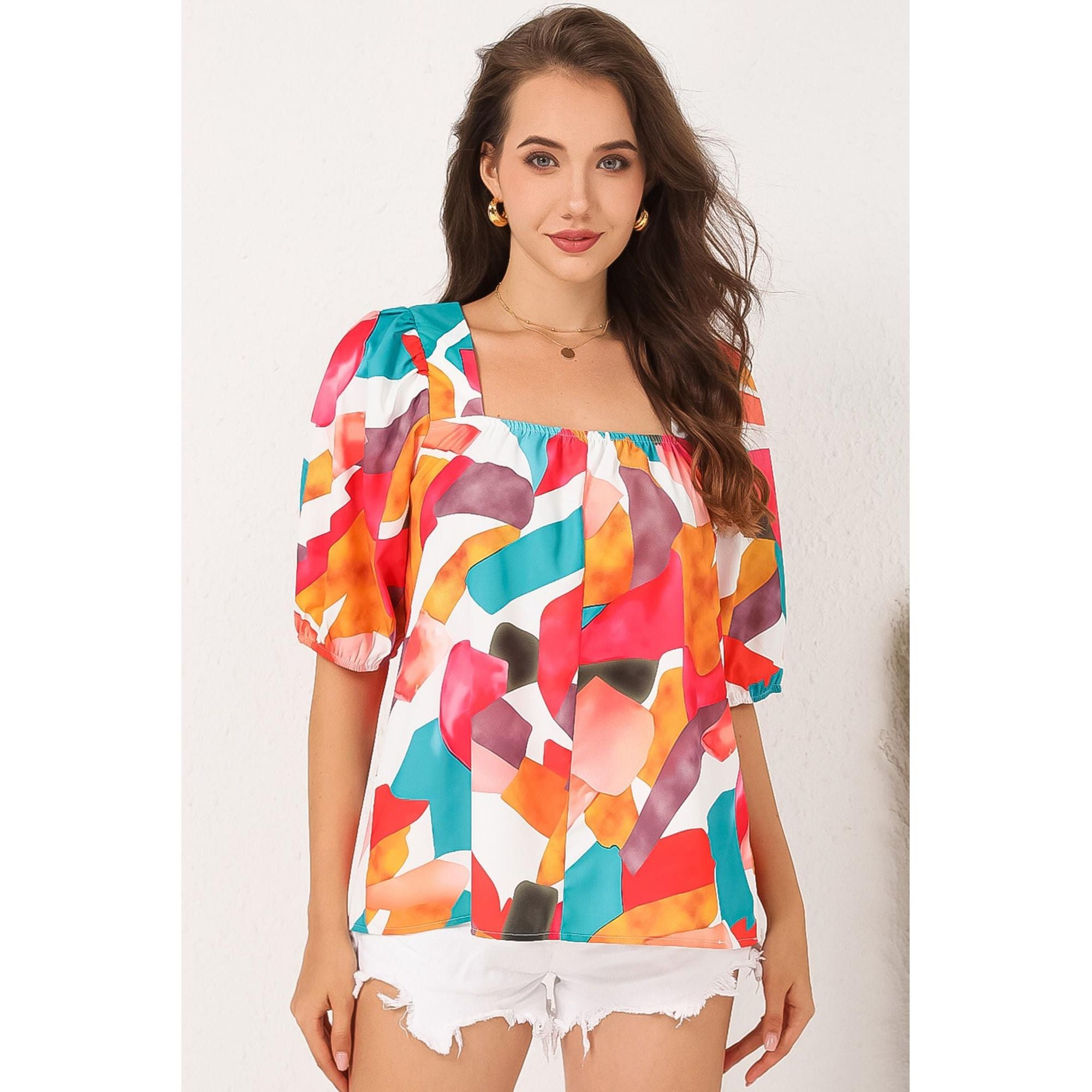 Azura Exchange Abstract Print Square Neck Short Sleeve Blouse - S