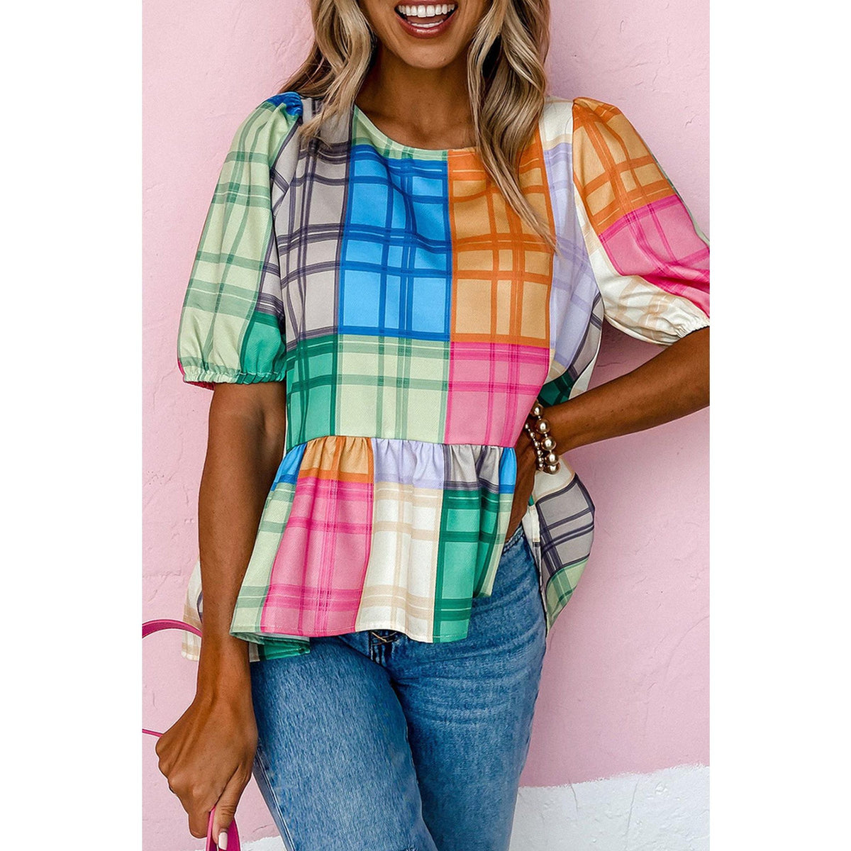 Azura Exchange Bold Plaid Color Block Puff Sleeve Peplum Top - L