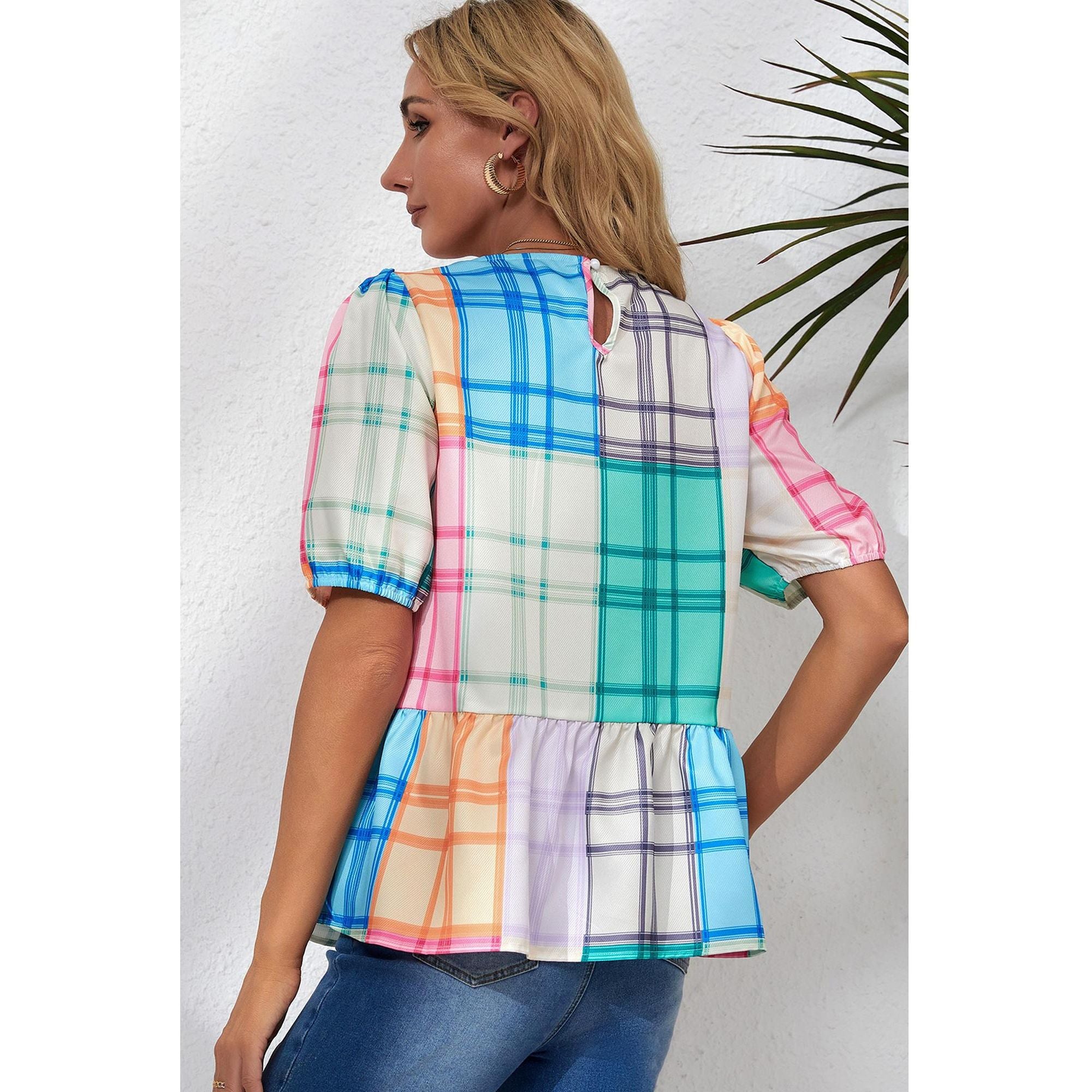 Azura Exchange Bold Plaid Color Block Puff Sleeve Peplum Top - L