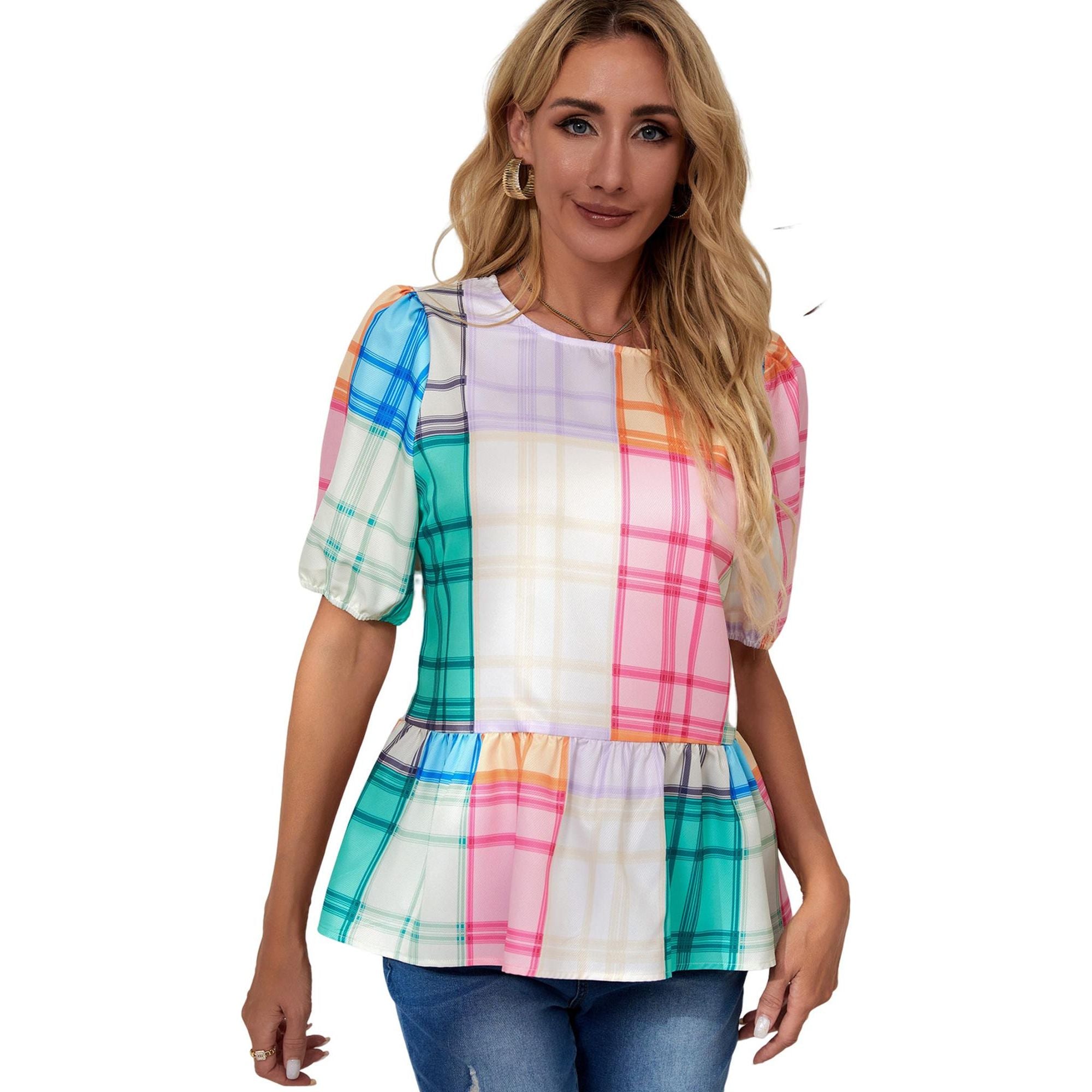 Azura Exchange Bold Plaid Color Block Puff Sleeve Peplum Top - L