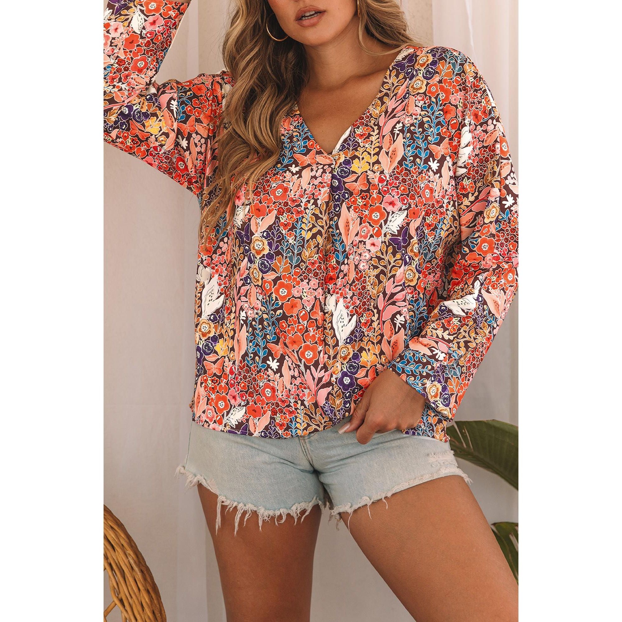 Azura Exchange Boho Floral Long Sleeve V-Neck Blouse - L