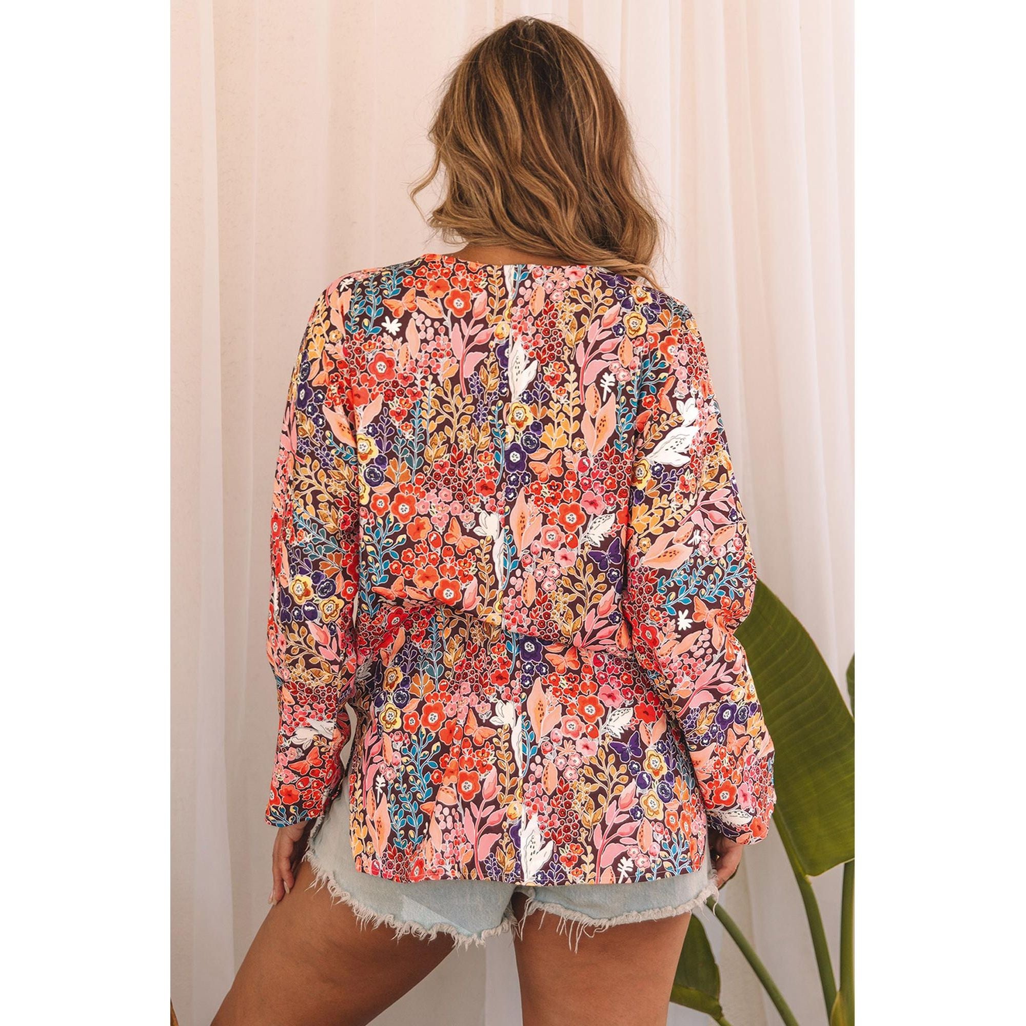 Azura Exchange Boho Floral Long Sleeve V-Neck Blouse - L