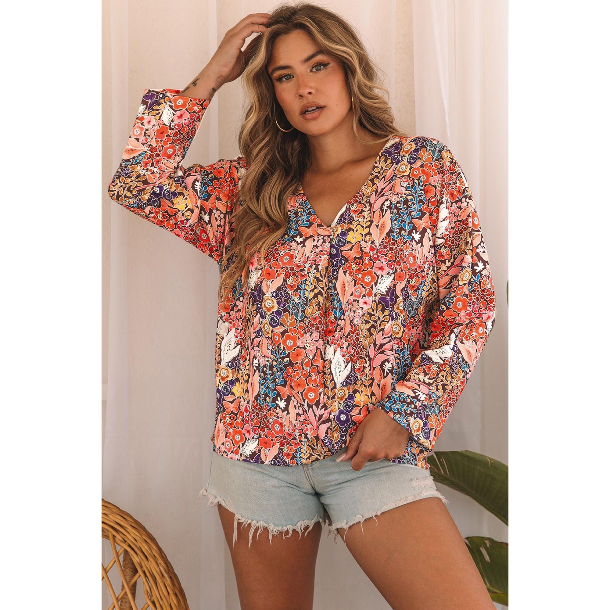 Azura Exchange Boho Floral Long Sleeve V-Neck Blouse - L