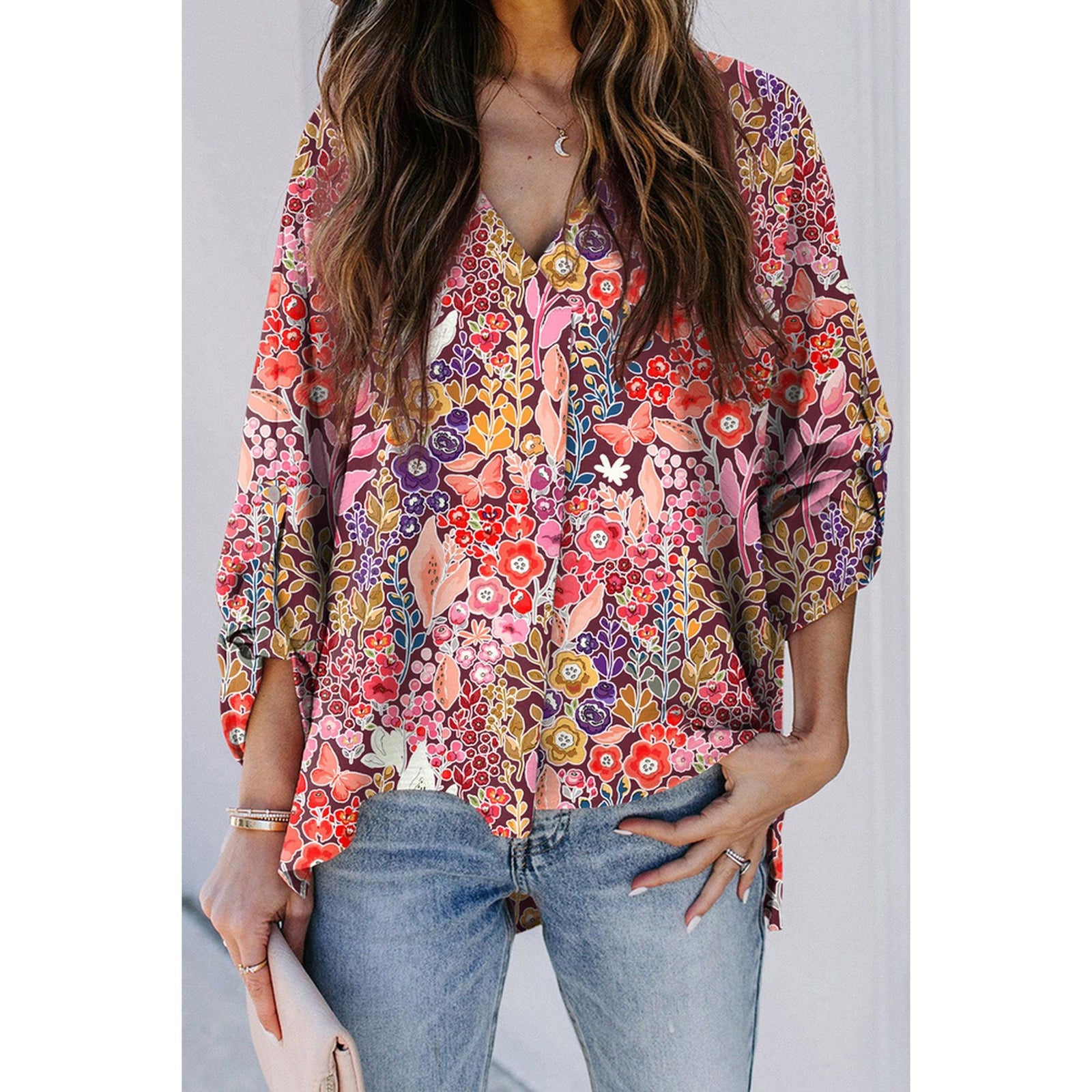 Azura Exchange Boho Floral Long Sleeve V-Neck Blouse - S