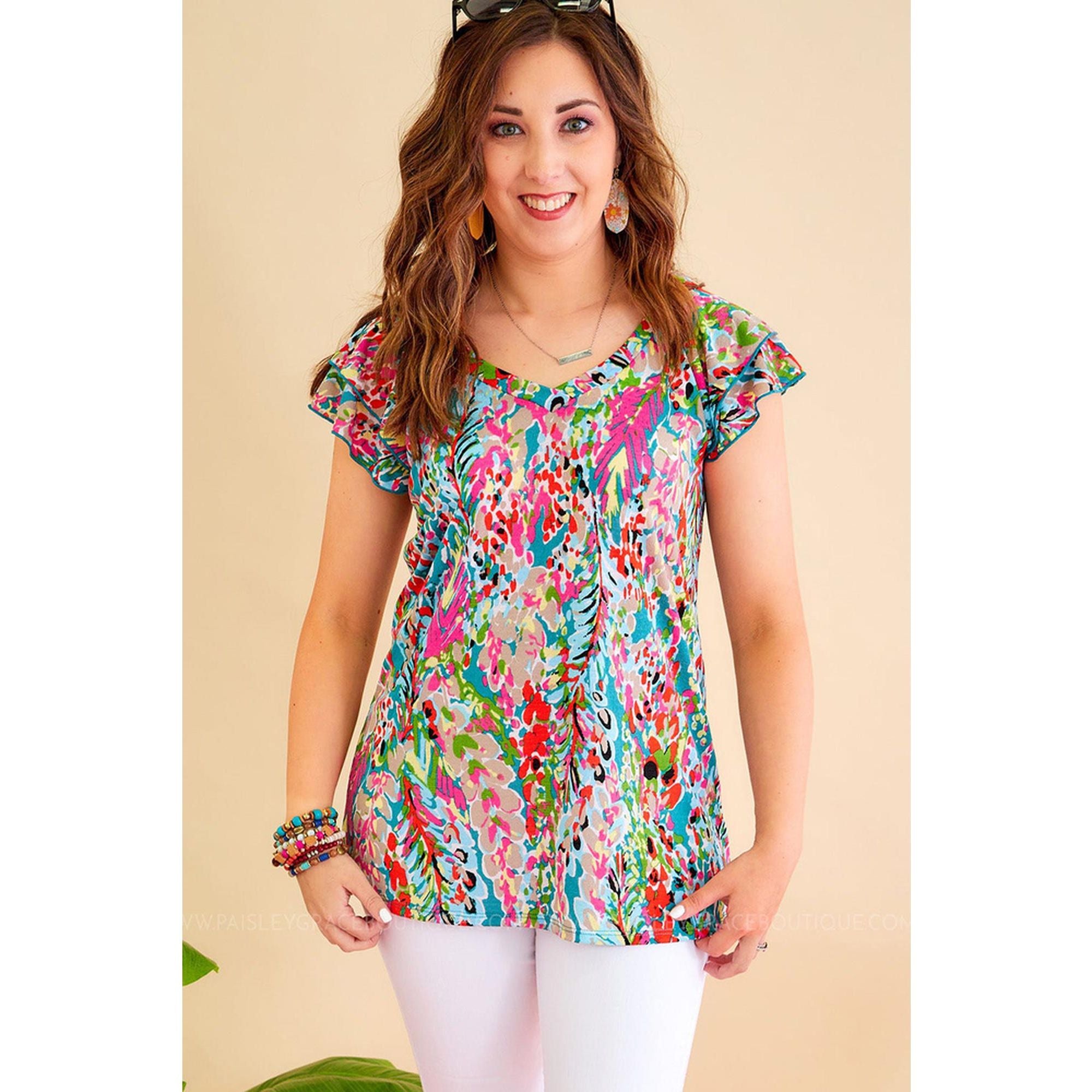 Azura Exchange Abstract Print Tiered Ruffled V Neck Blouse - M