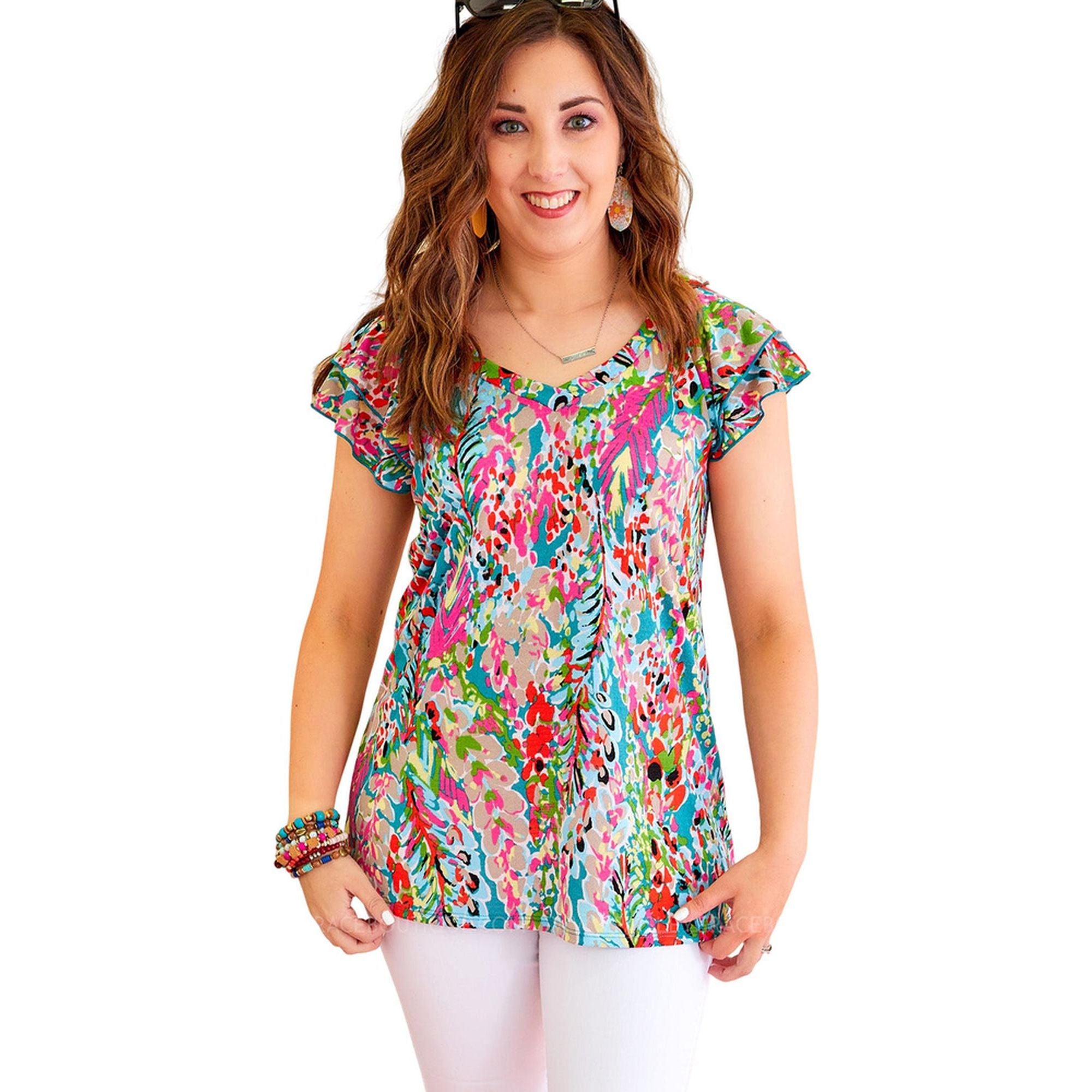 Azura Exchange Abstract Print Tiered Ruffled V Neck Blouse - M