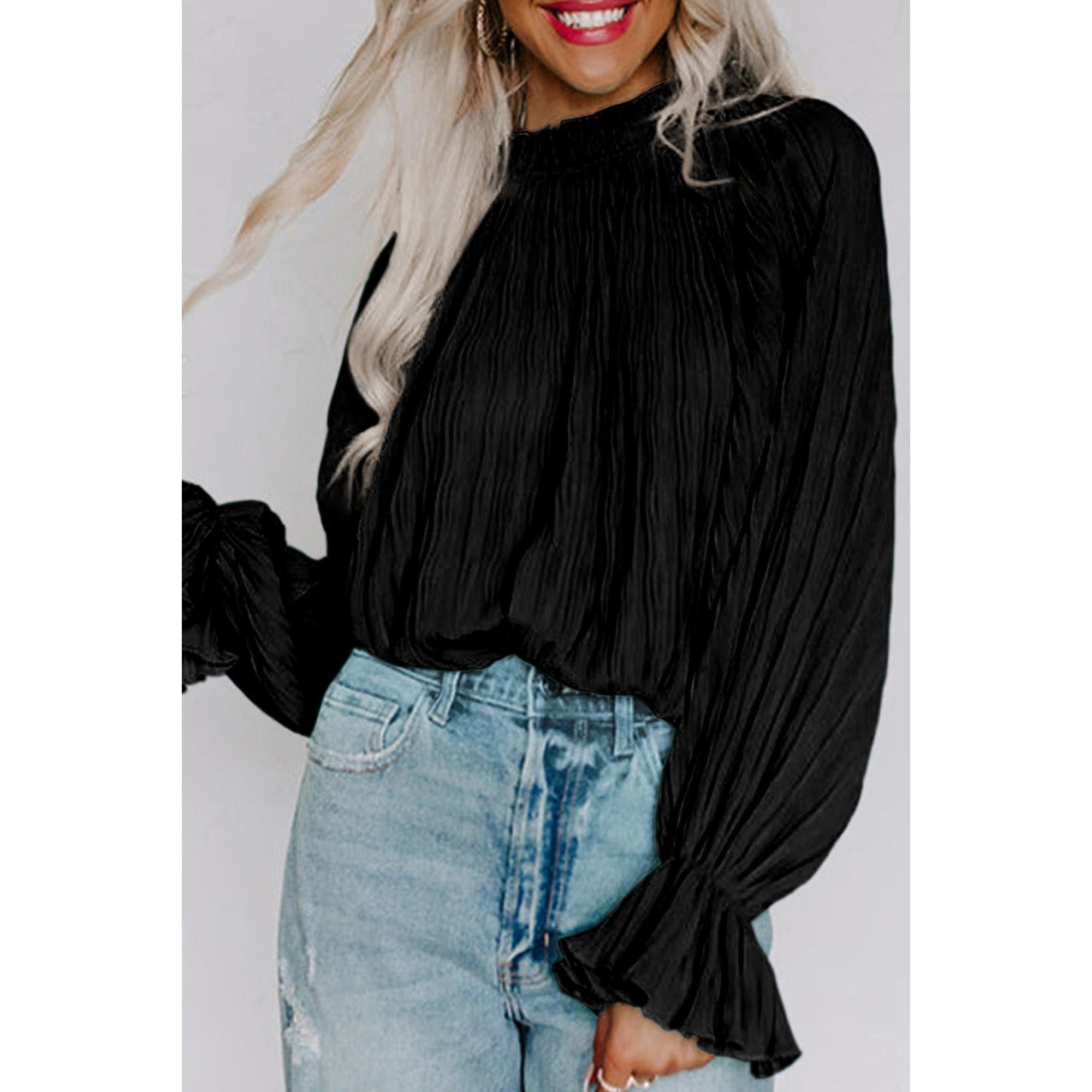 Azura Exchange Black Pleated Flared Cuff Long Sleeve Blouse - L