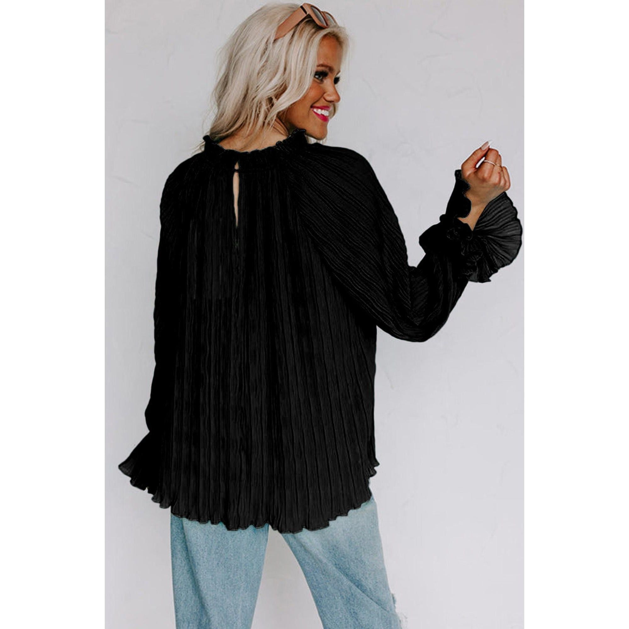 Azura Exchange Black Pleated Flared Cuff Long Sleeve Blouse - M