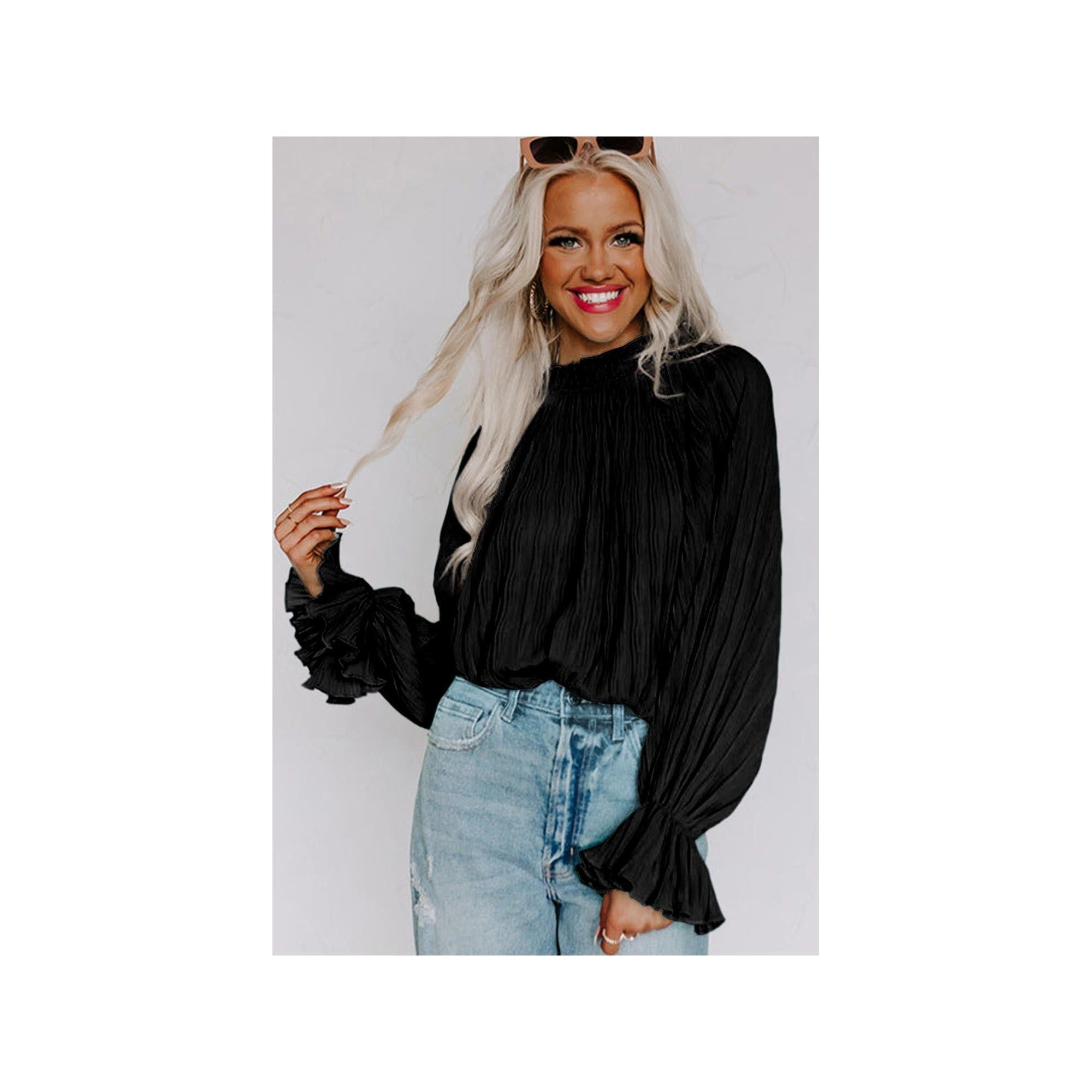 Azura Exchange Black Pleated Flared Cuff Long Sleeve Blouse - M