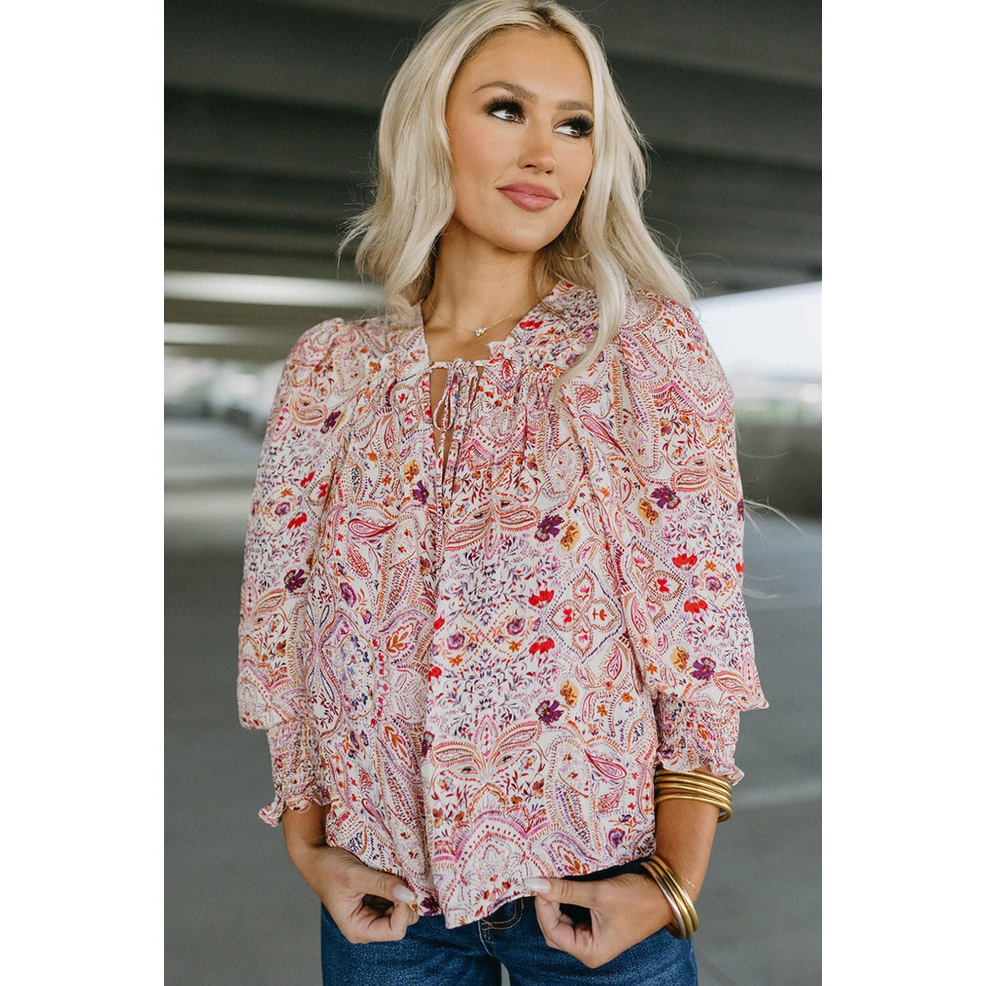 Azura Exchange Boho Print Shirred Cuffs Blouse - L