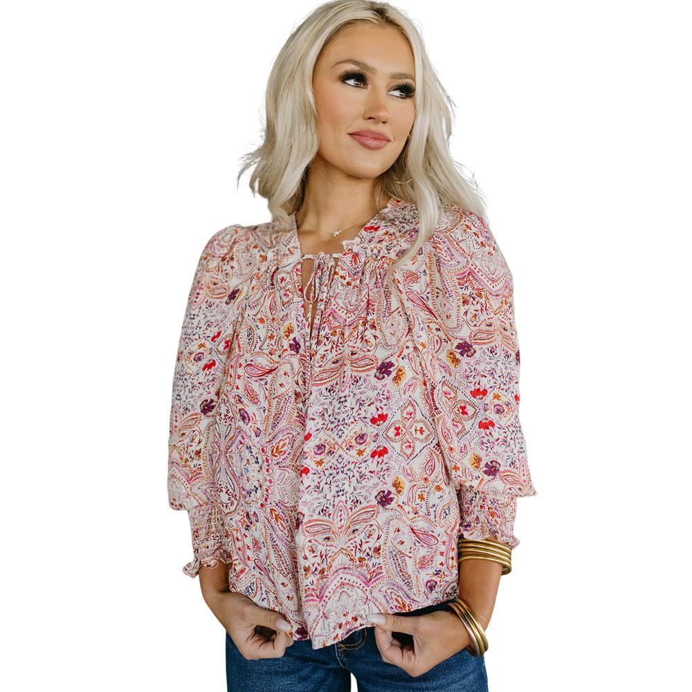 Azura Exchange Boho Print Shirred Cuffs Blouse - S