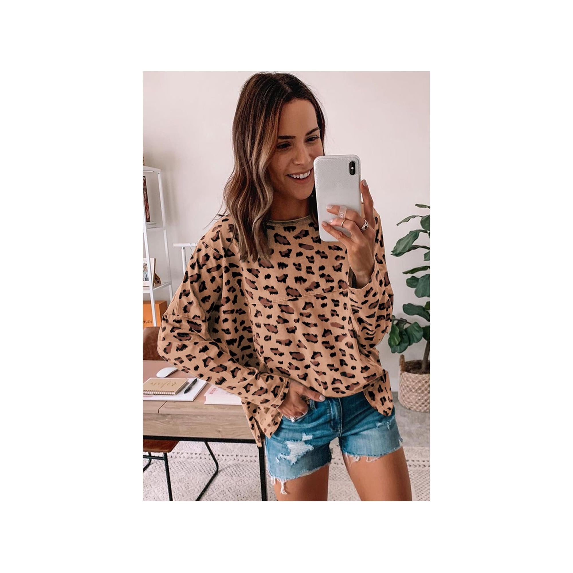 Azura Exchange Animal Print Stitching Loose Long Sleeve Top - L