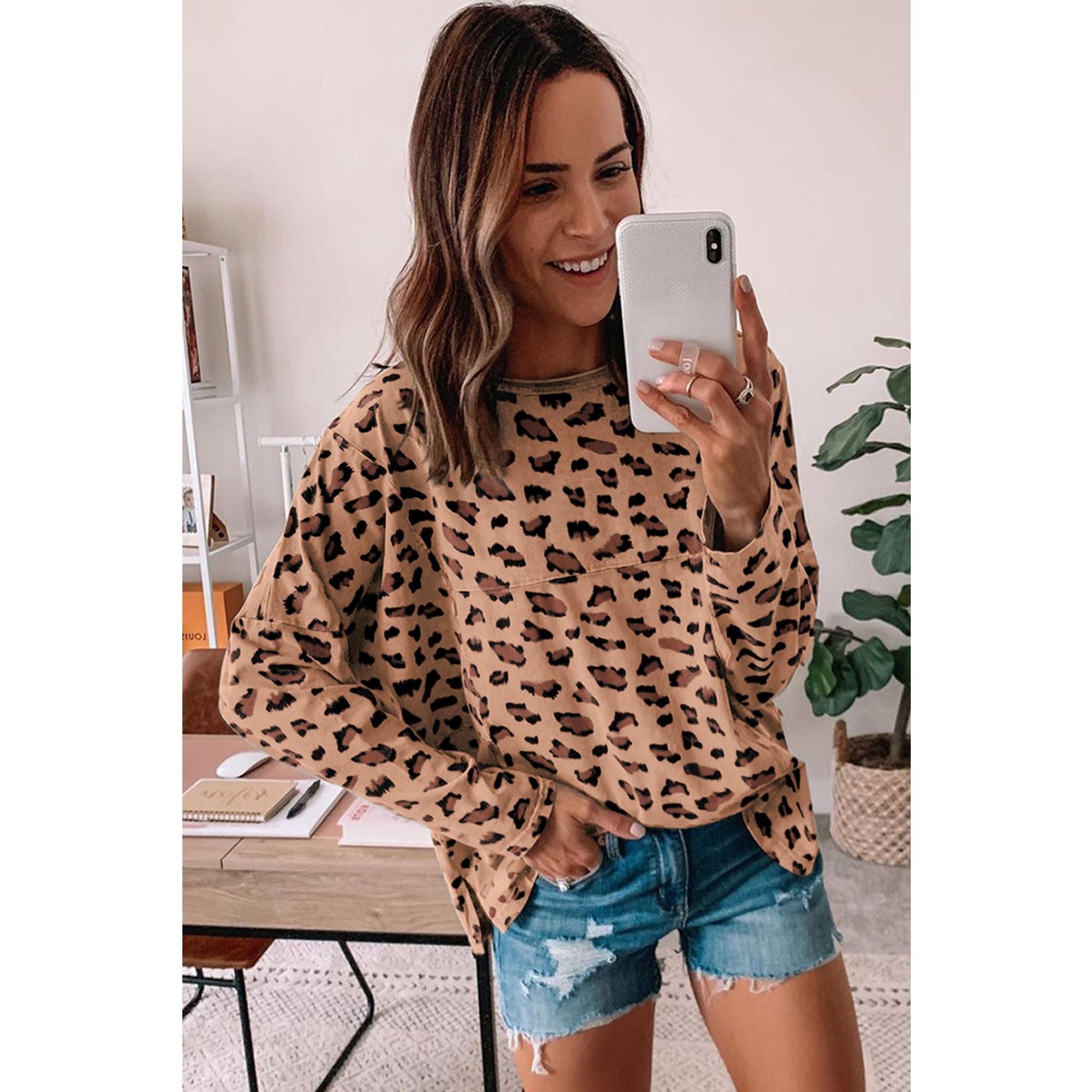 Azura Exchange Animal Print Stitching Loose Long Sleeve Top - L