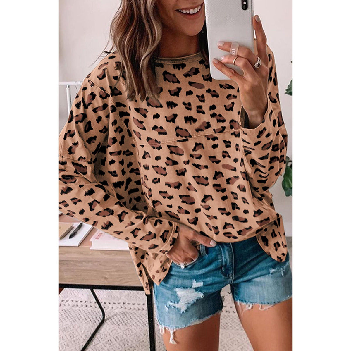 Azura Exchange Animal Print Stitching Loose Long Sleeve Top - XL