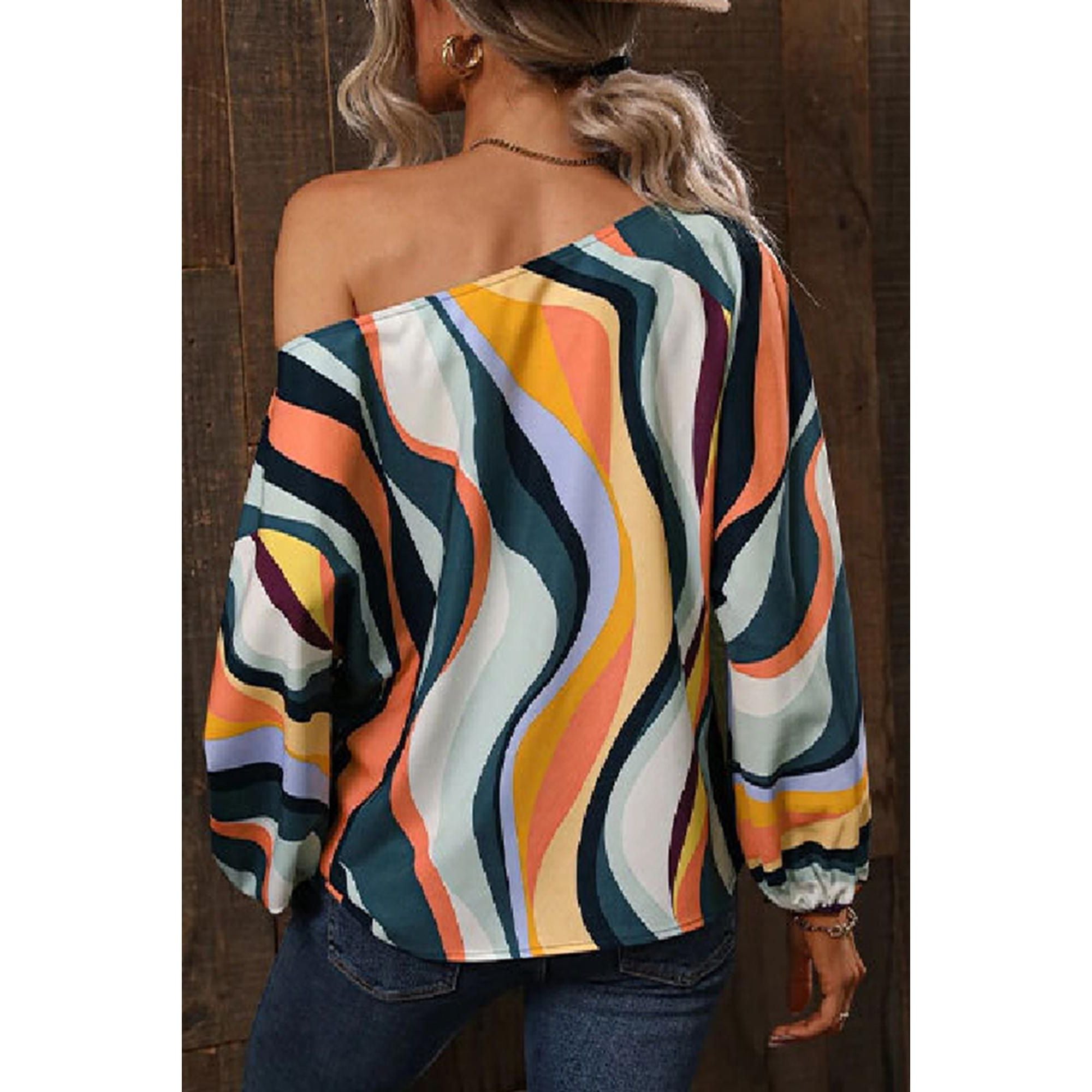 Azura Exchange Wavy Striped Boat Neck Puff Sleeve Blouse - M
