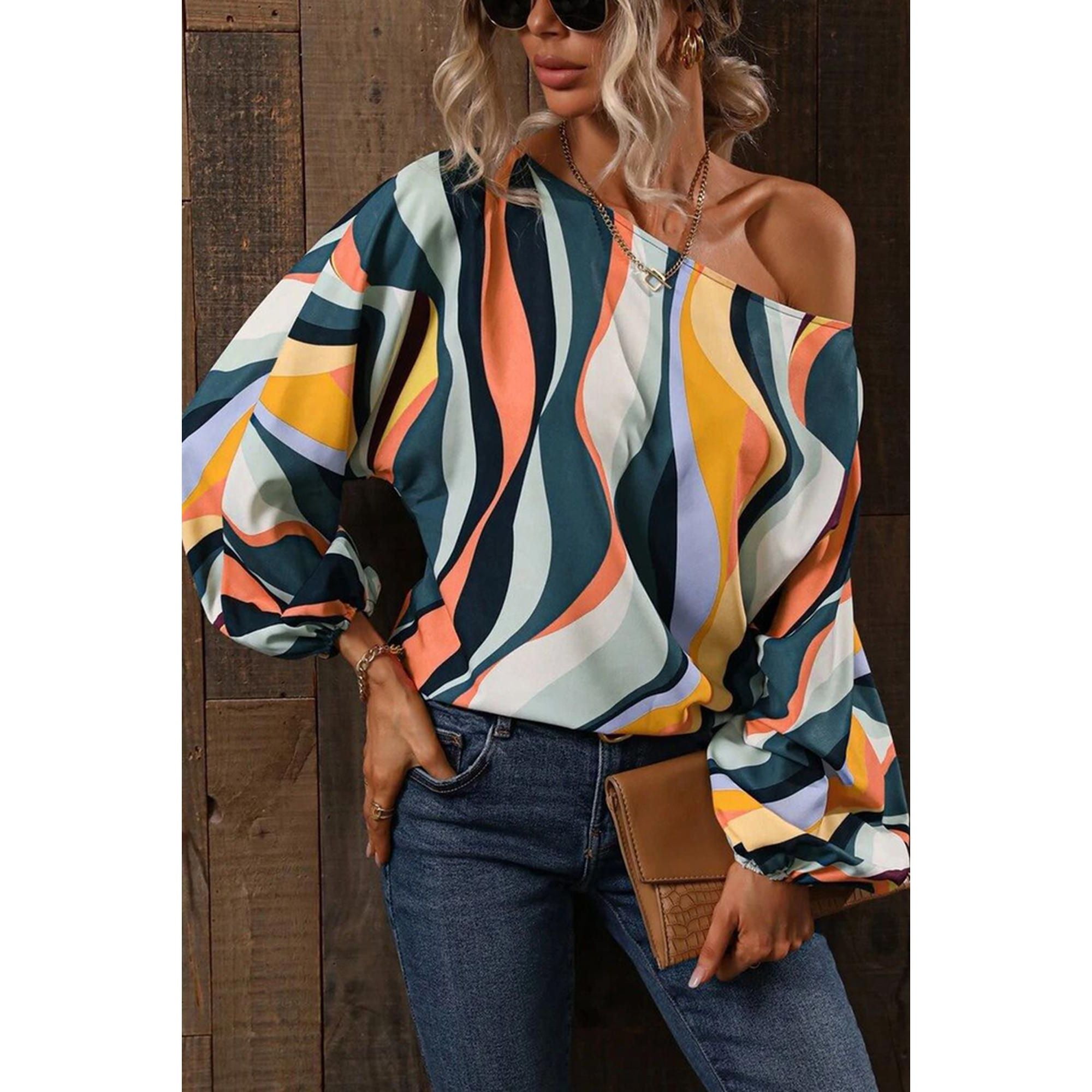Azura Exchange Wavy Striped Boat Neck Puff Sleeve Blouse - M