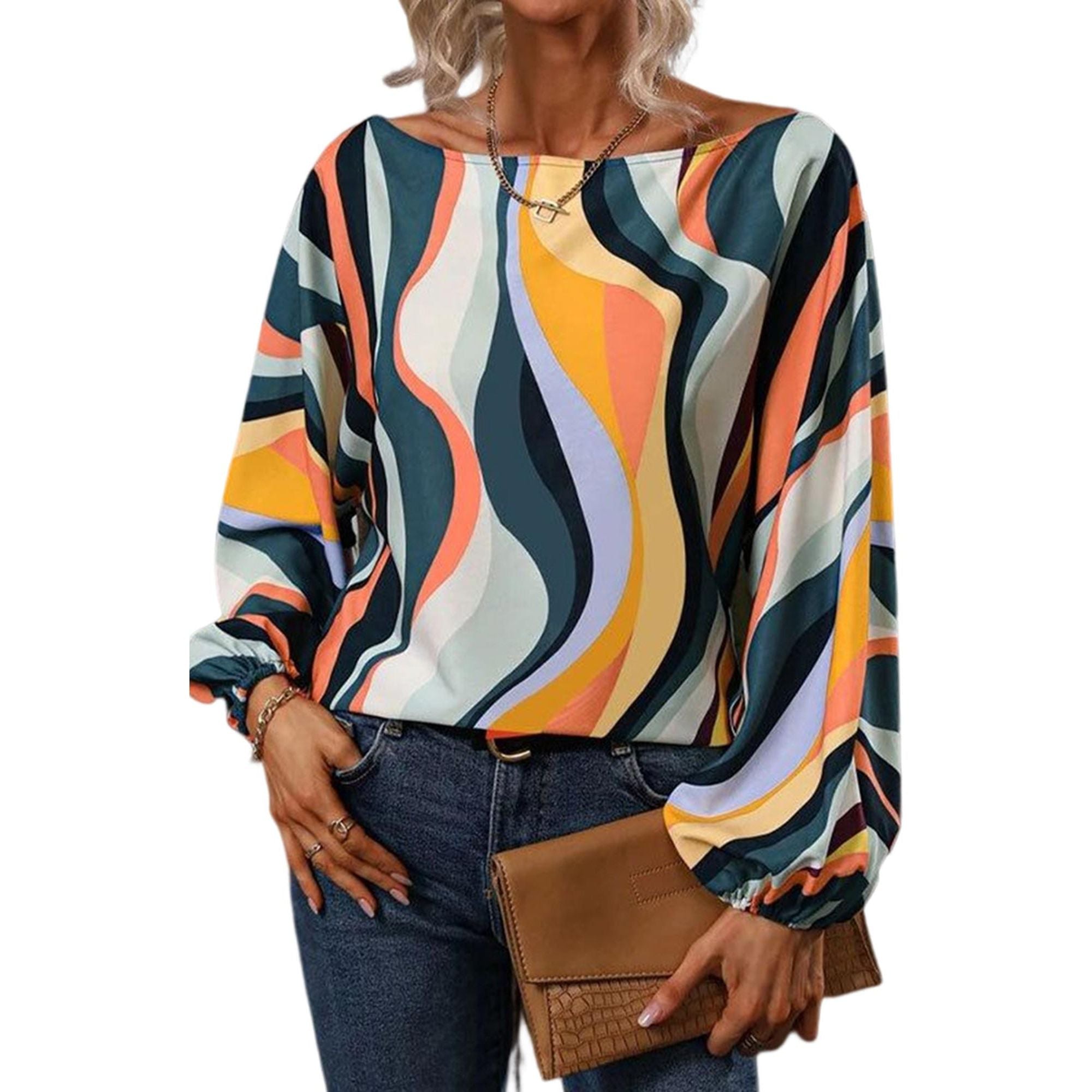 Azura Exchange Wavy Striped Boat Neck Puff Sleeve Blouse - M