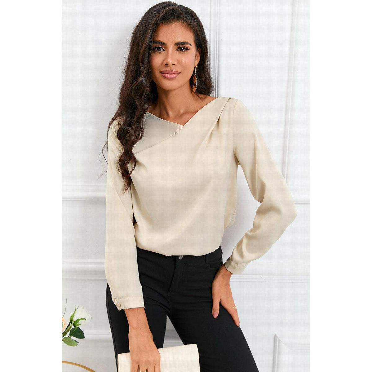 Azura Exchange Asymmetric V Neck Satin Blouse - L