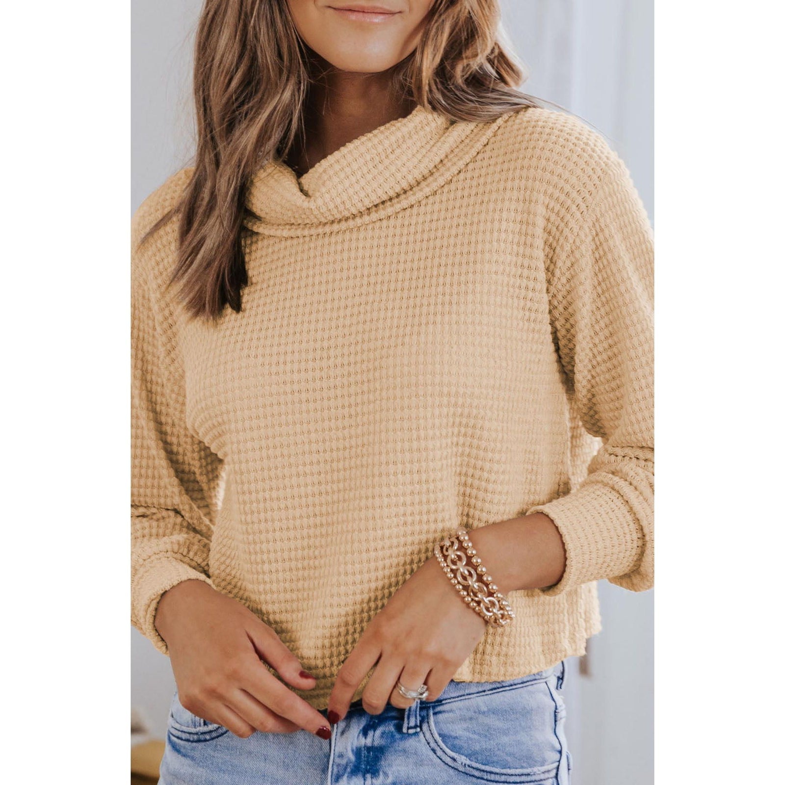 Azura Exchange Apricot Waffle Knit Turtleneck Top - XL