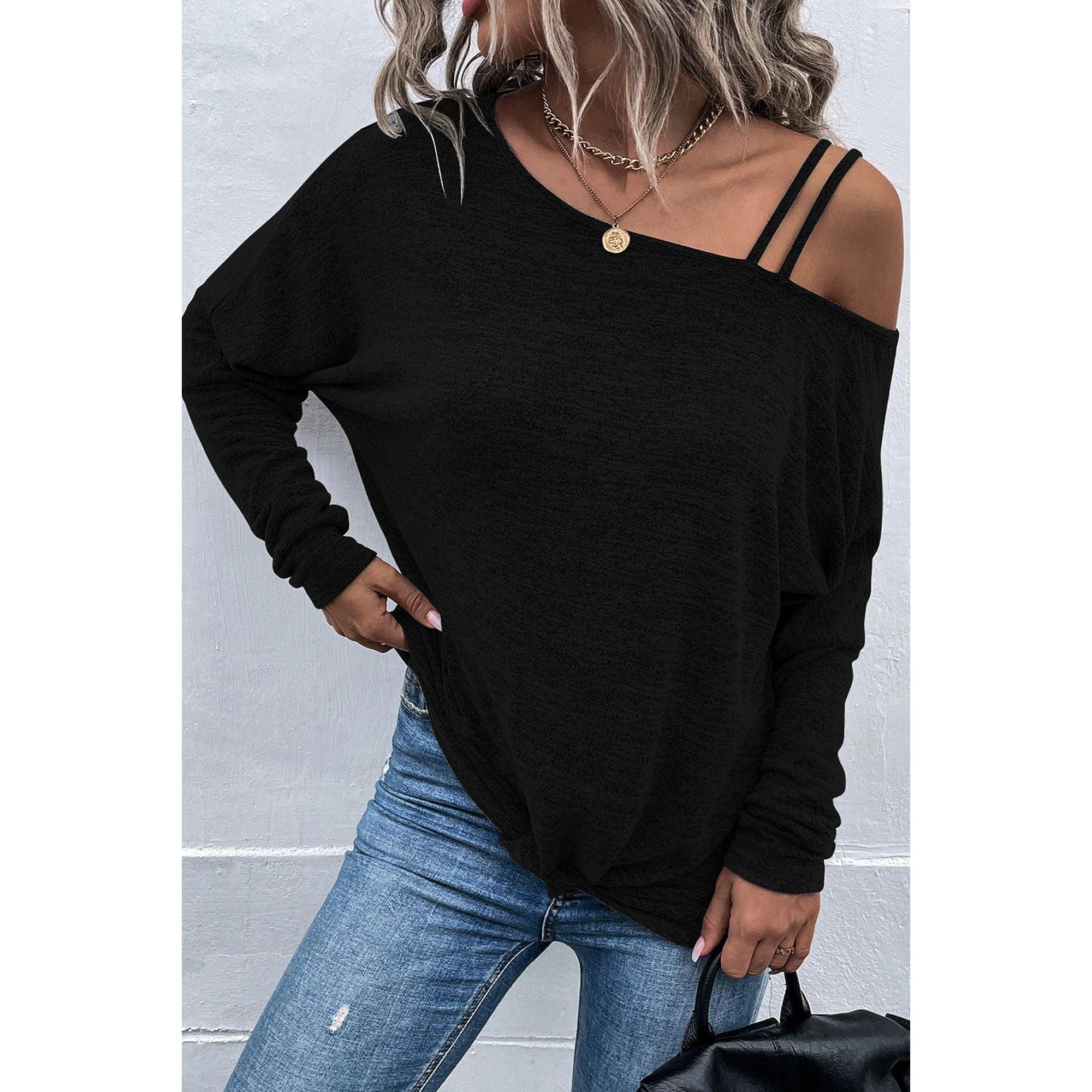 Azura Exchange Asymmetric Strappy Cold Shoulder Long Sleeve Top - L