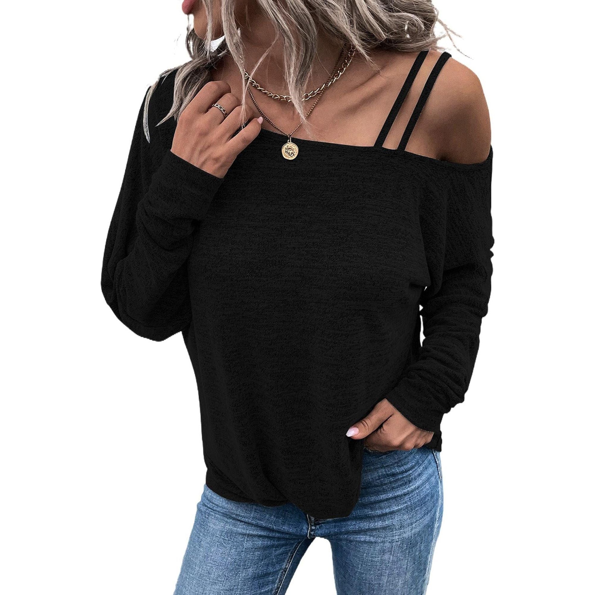 Azura Exchange Asymmetric Strappy Cold Shoulder Long Sleeve Top - L