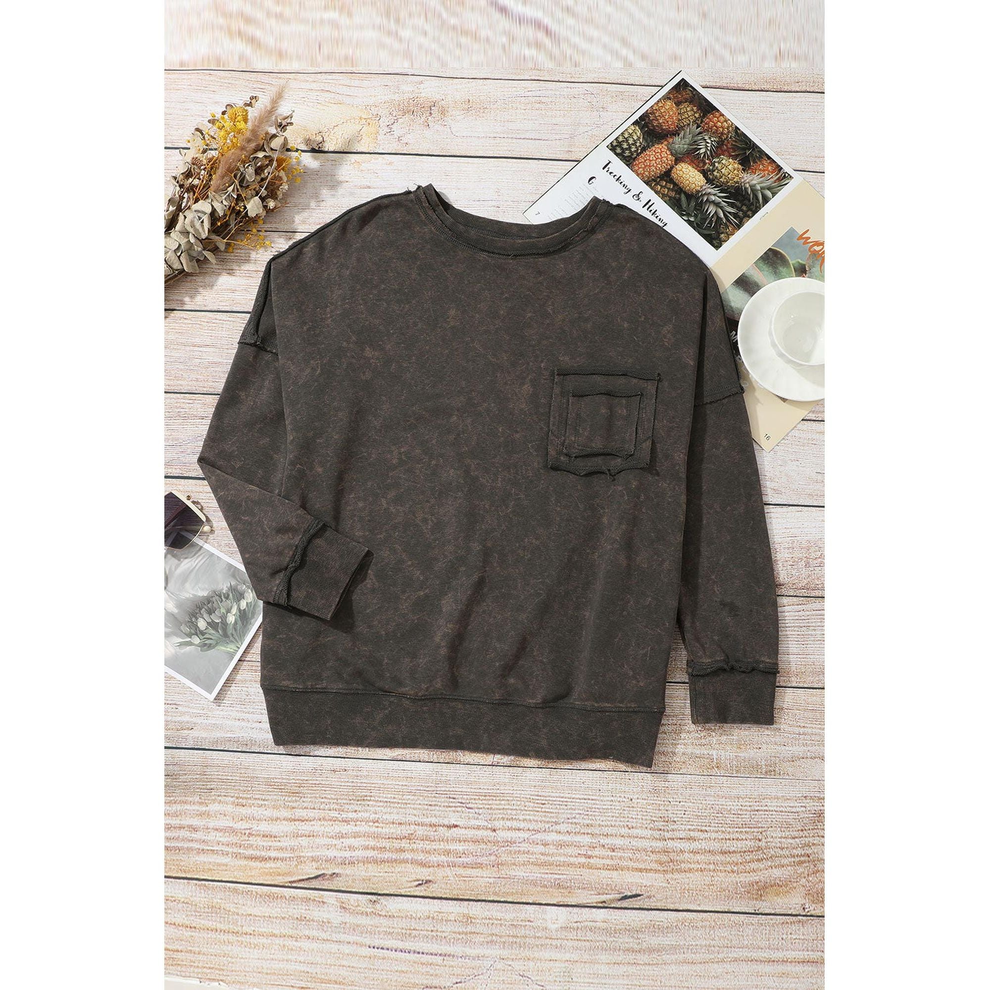 Azura Exchange Acid Wash Drop Shoulder Long Sleeve Sweatshirt with Pockets - L