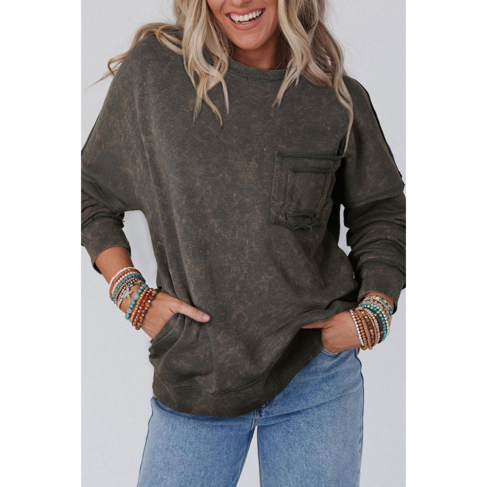 Azura Exchange Acid Wash Drop Shoulder Long Sleeve Sweatshirt with Pockets - M