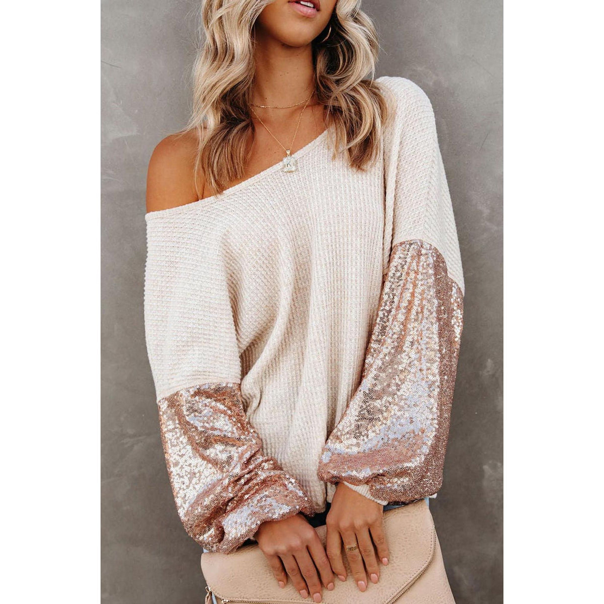 Azura Exchange Apricot Sequin Patchwork Sleeve Waffle Knit Top - L