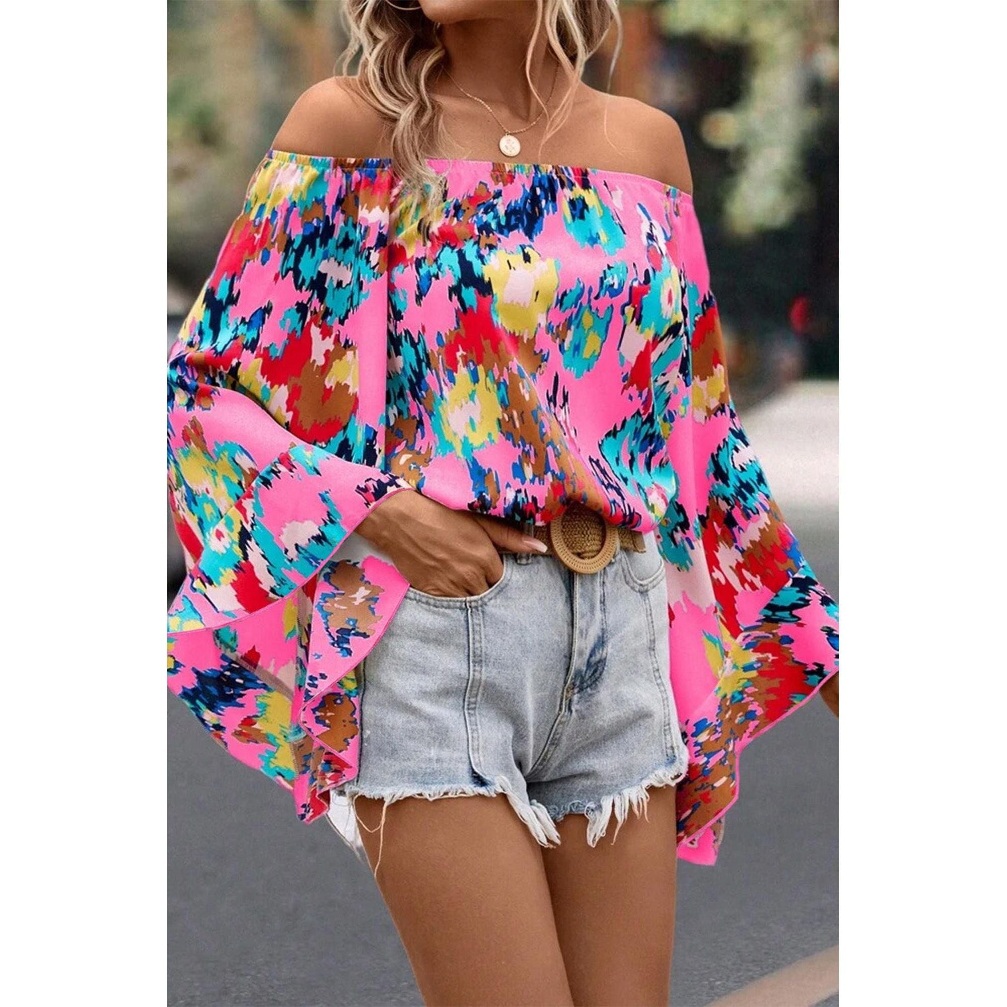 Azura Exchange Abstract Floral Print Off-shoulder Bell Sleeve Blouse - L