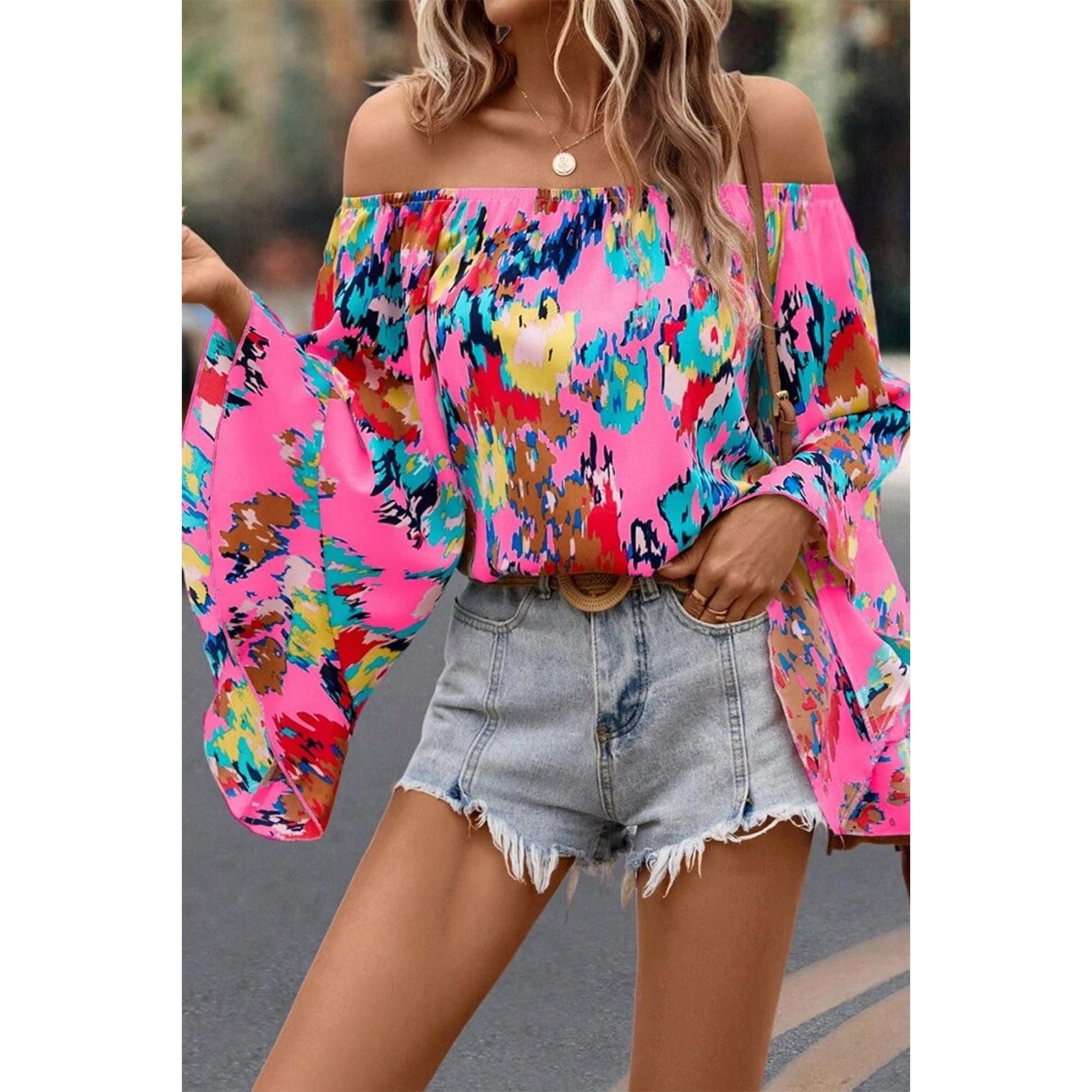 Azura Exchange Abstract Floral Print Off-shoulder Bell Sleeve Blouse - M