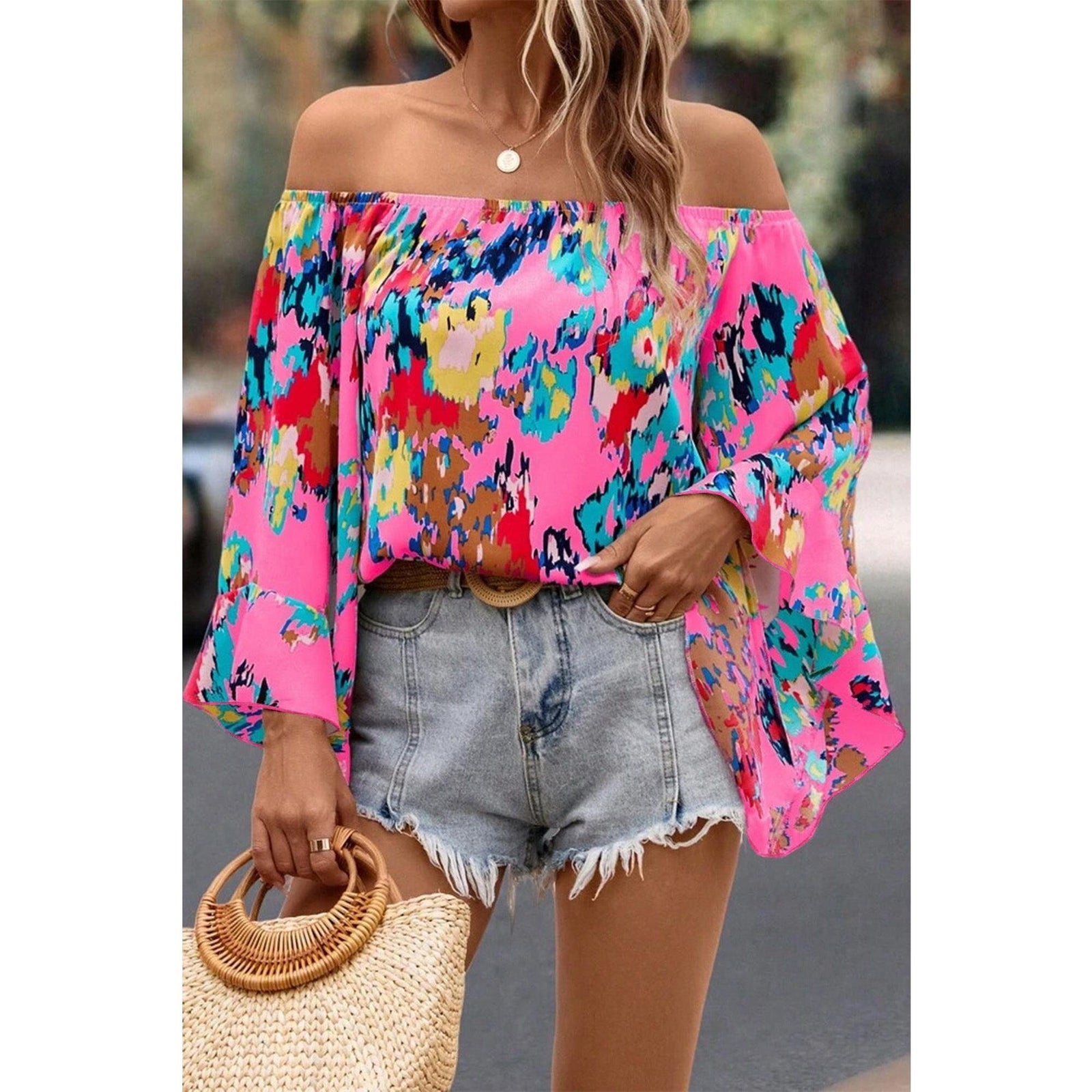 Azura Exchange Abstract Floral Print Off-shoulder Bell Sleeve Blouse - XL