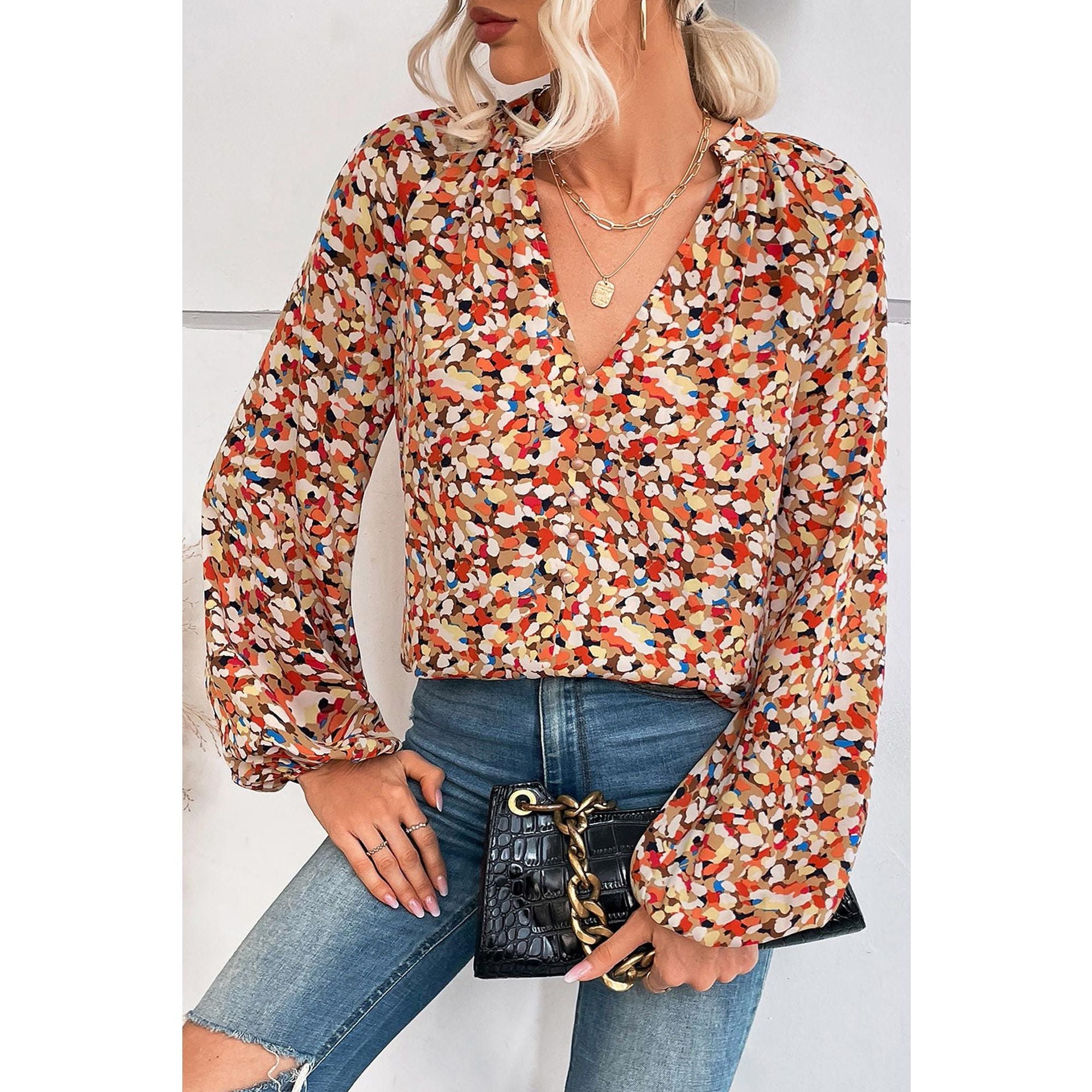 Azura Exchange Allover Print Bishop Sleeve Blouse - L