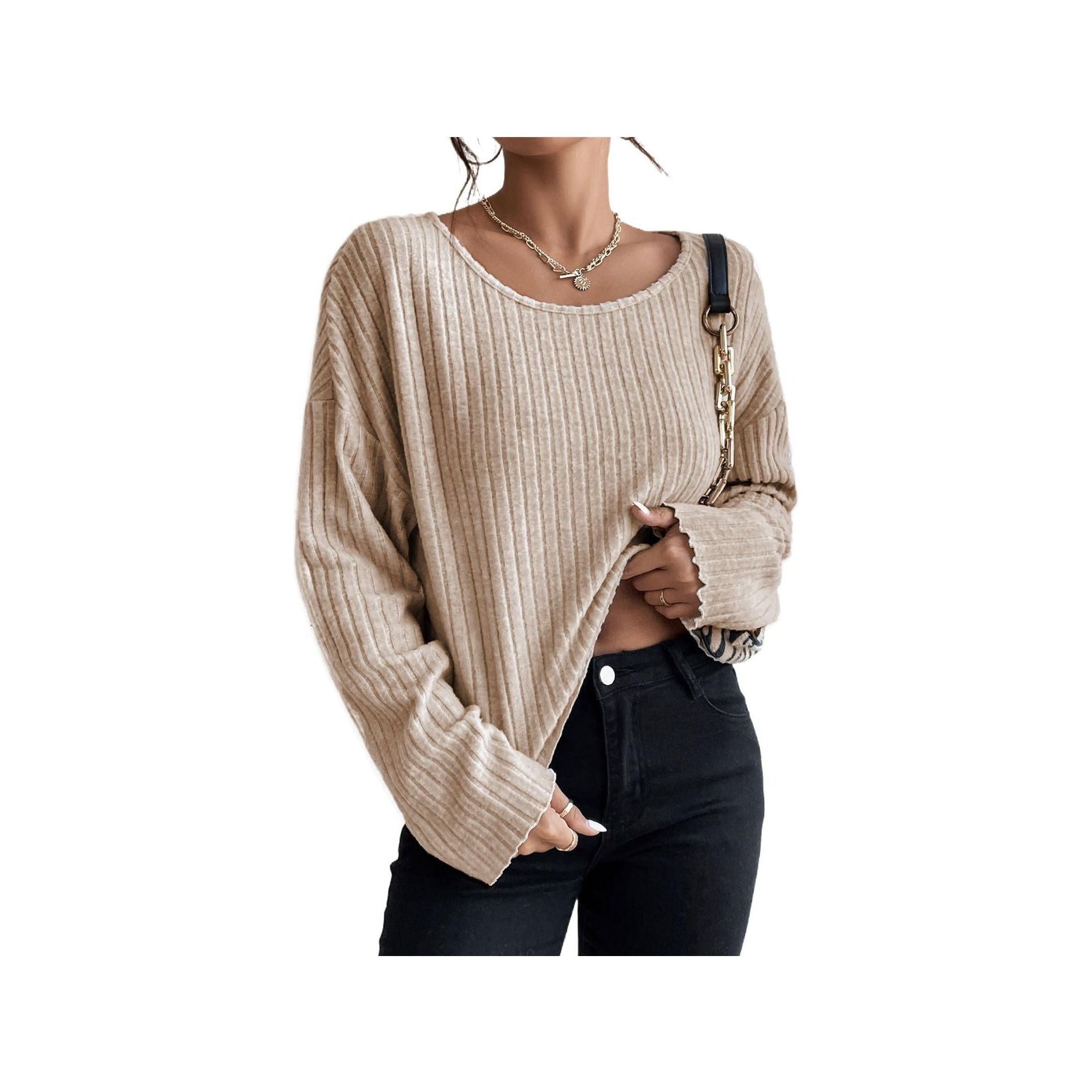 Azura Exchange Beige Drop Shoulder Loose Ribbed Knit Top - L