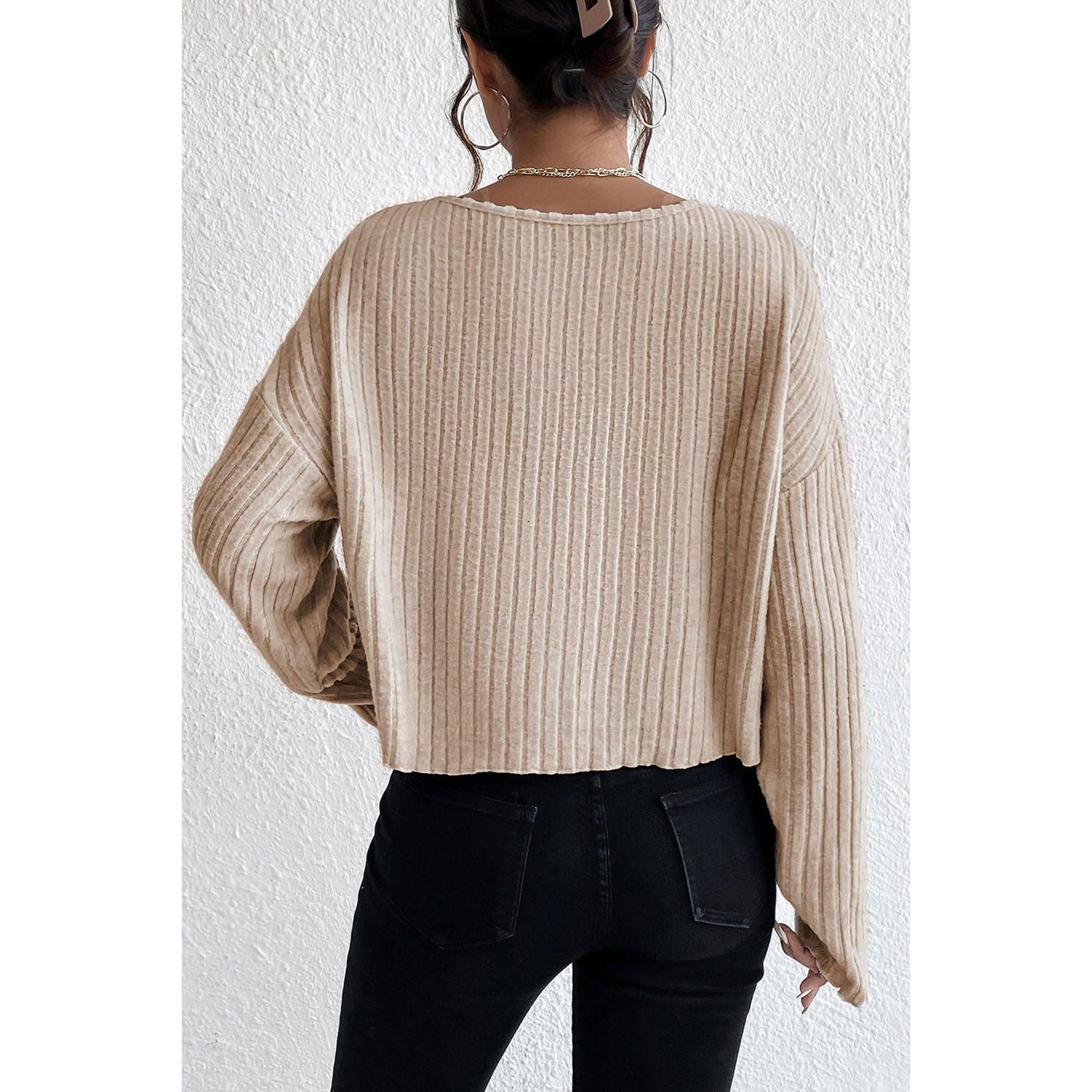 Azura Exchange Beige Drop Shoulder Loose Ribbed Knit Top - M