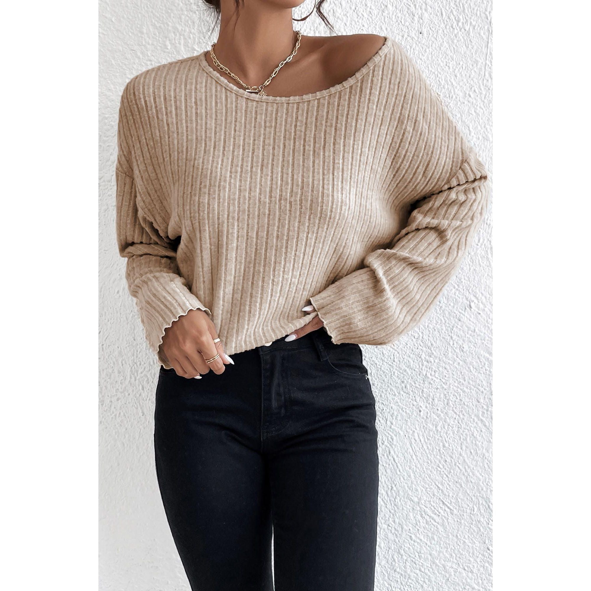 Azura Exchange Beige Drop Shoulder Loose Ribbed Knit Top - M