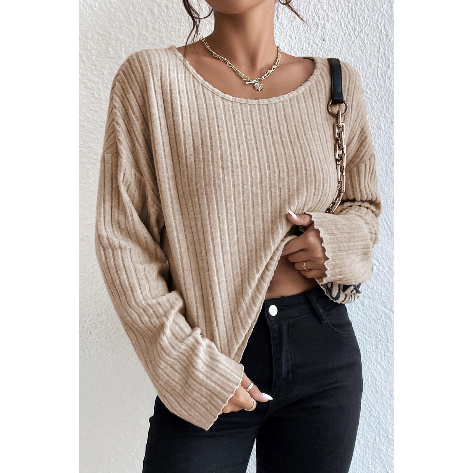 Azura Exchange Beige Drop Shoulder Loose Ribbed Knit Top - S