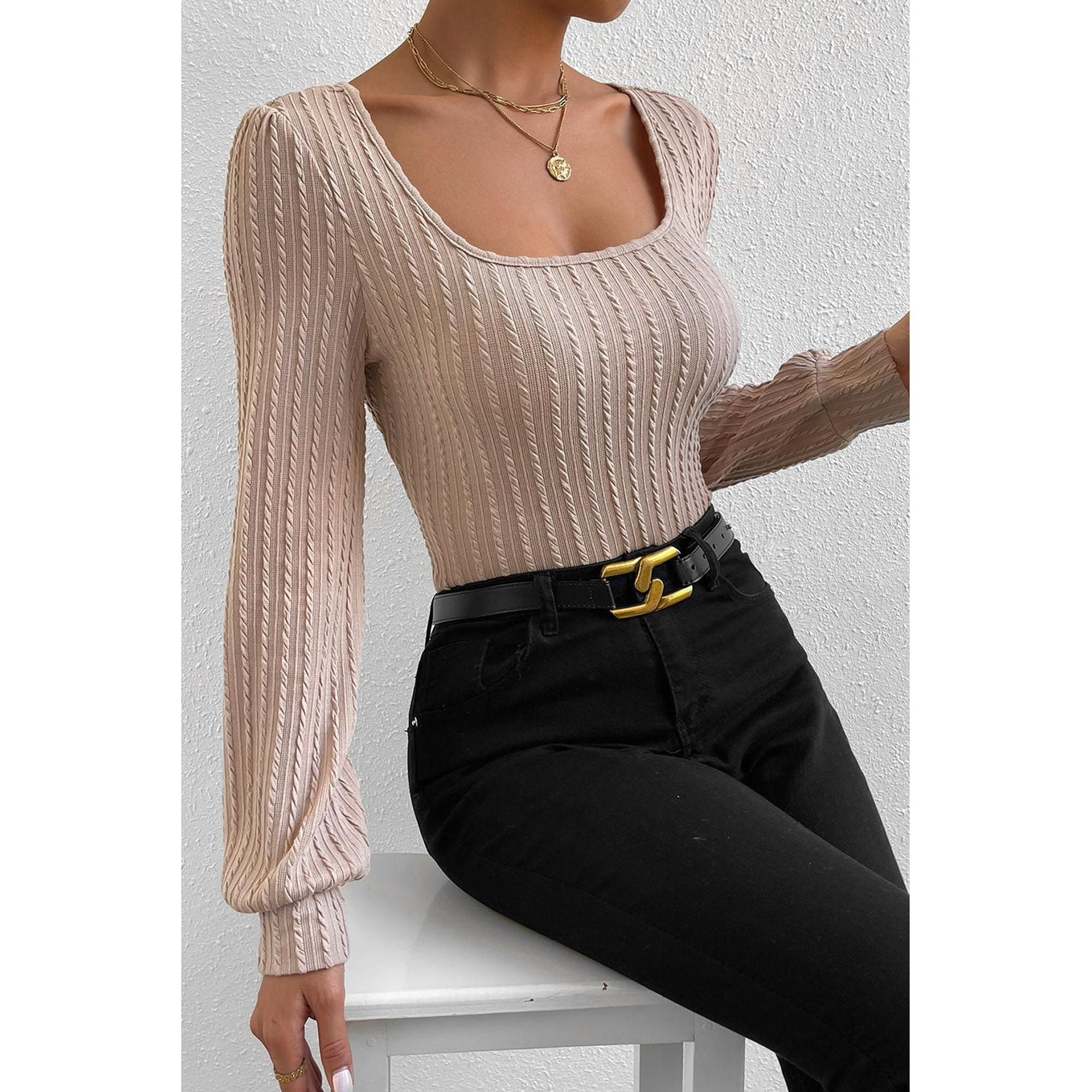 Azura Exchange Bubble Sleeve Textured Knit Top - L