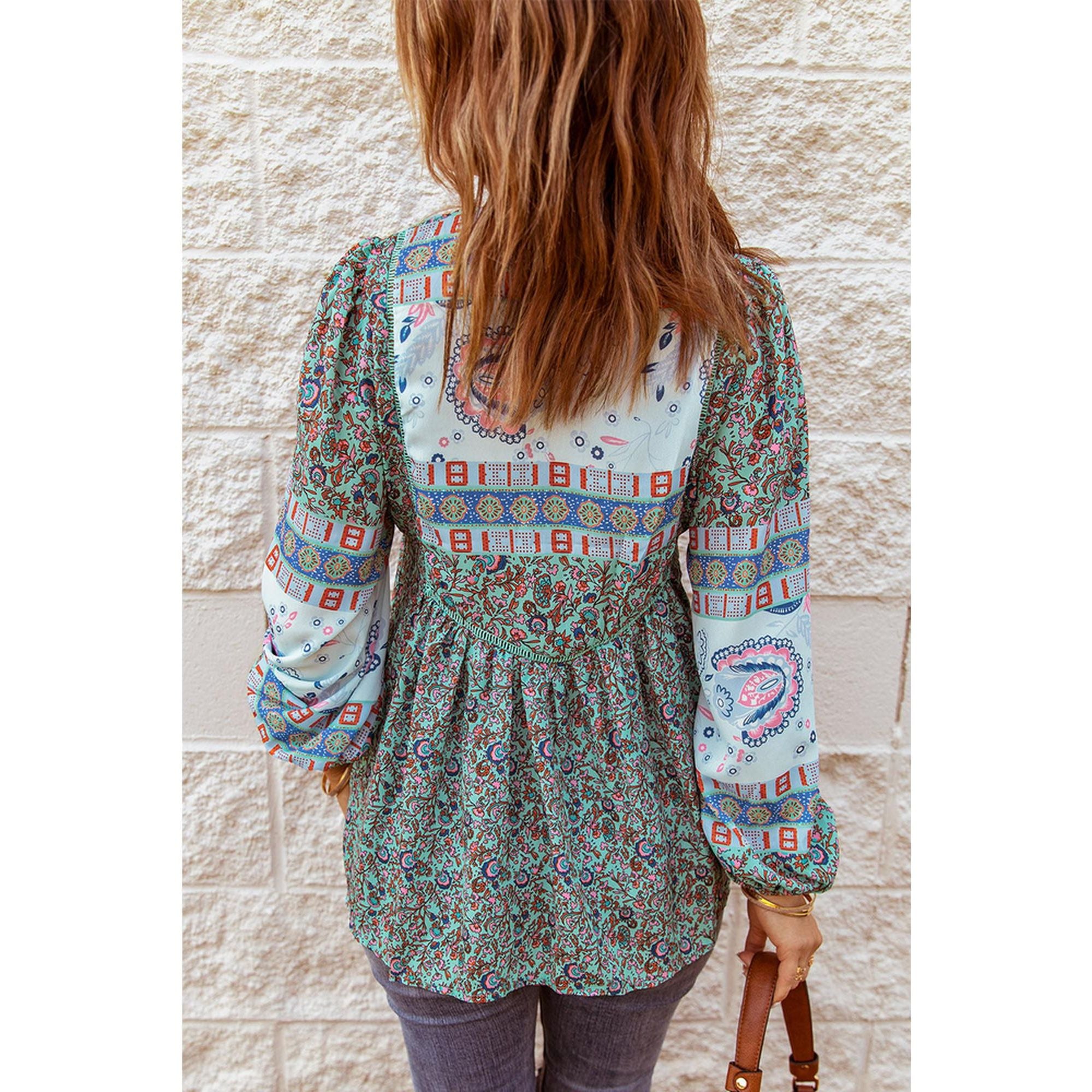 Azura Exchange Bubble Sleeve Floral Patchwork Blouse - M