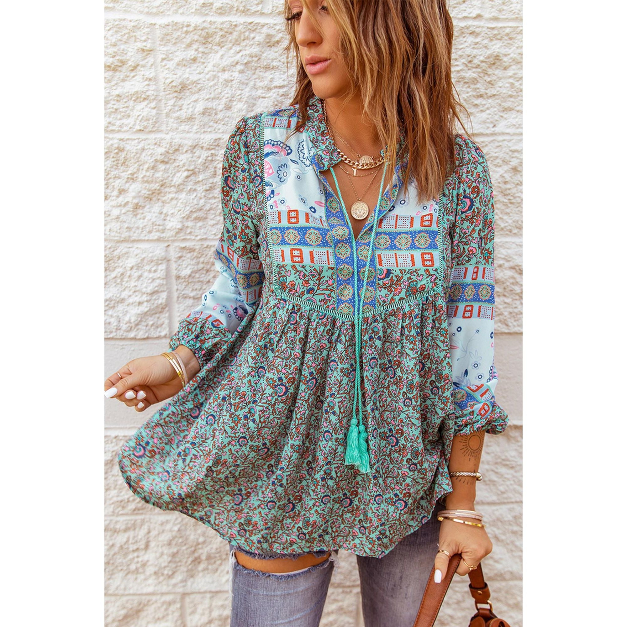 Azura Exchange Bubble Sleeve Floral Patchwork Blouse - S