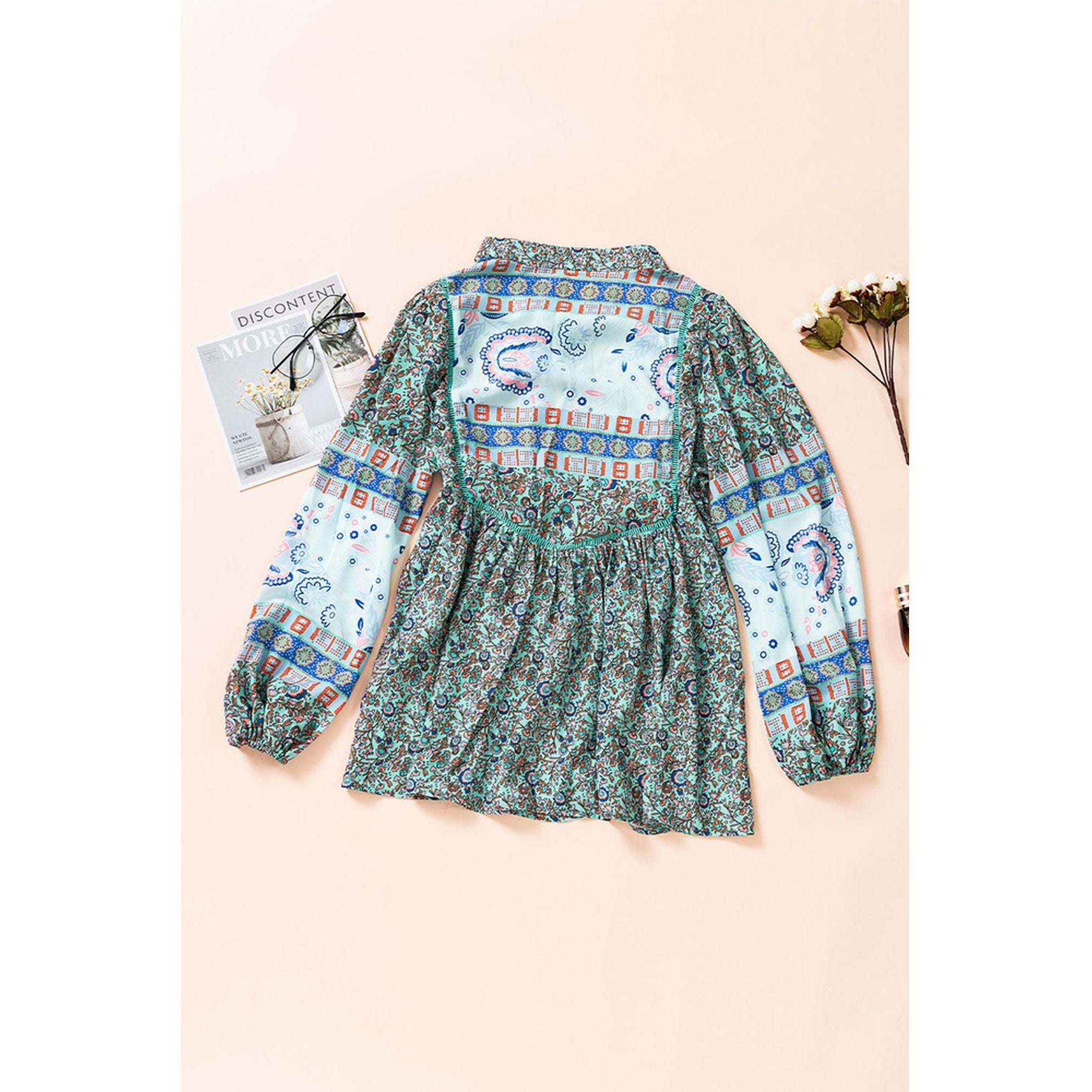 Azura Exchange Bubble Sleeve Floral Patchwork Blouse - S